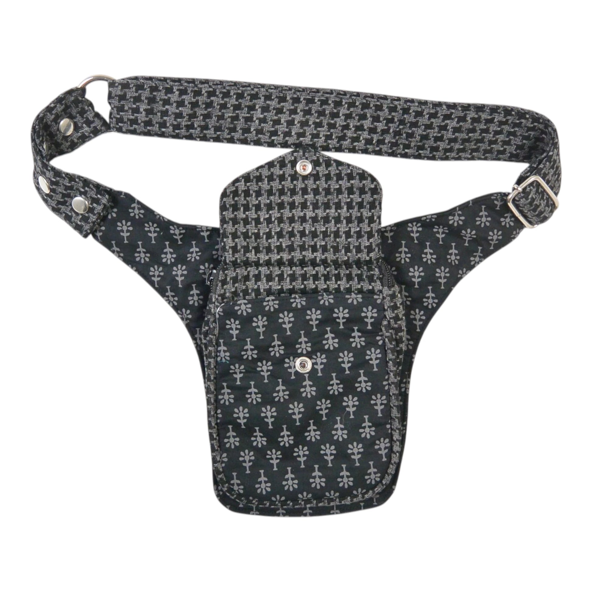 Nijens Hamburg Hüfttasche schwarz mit Blumen-Muster und Druckknopffach, kompakte Bauchtasche
