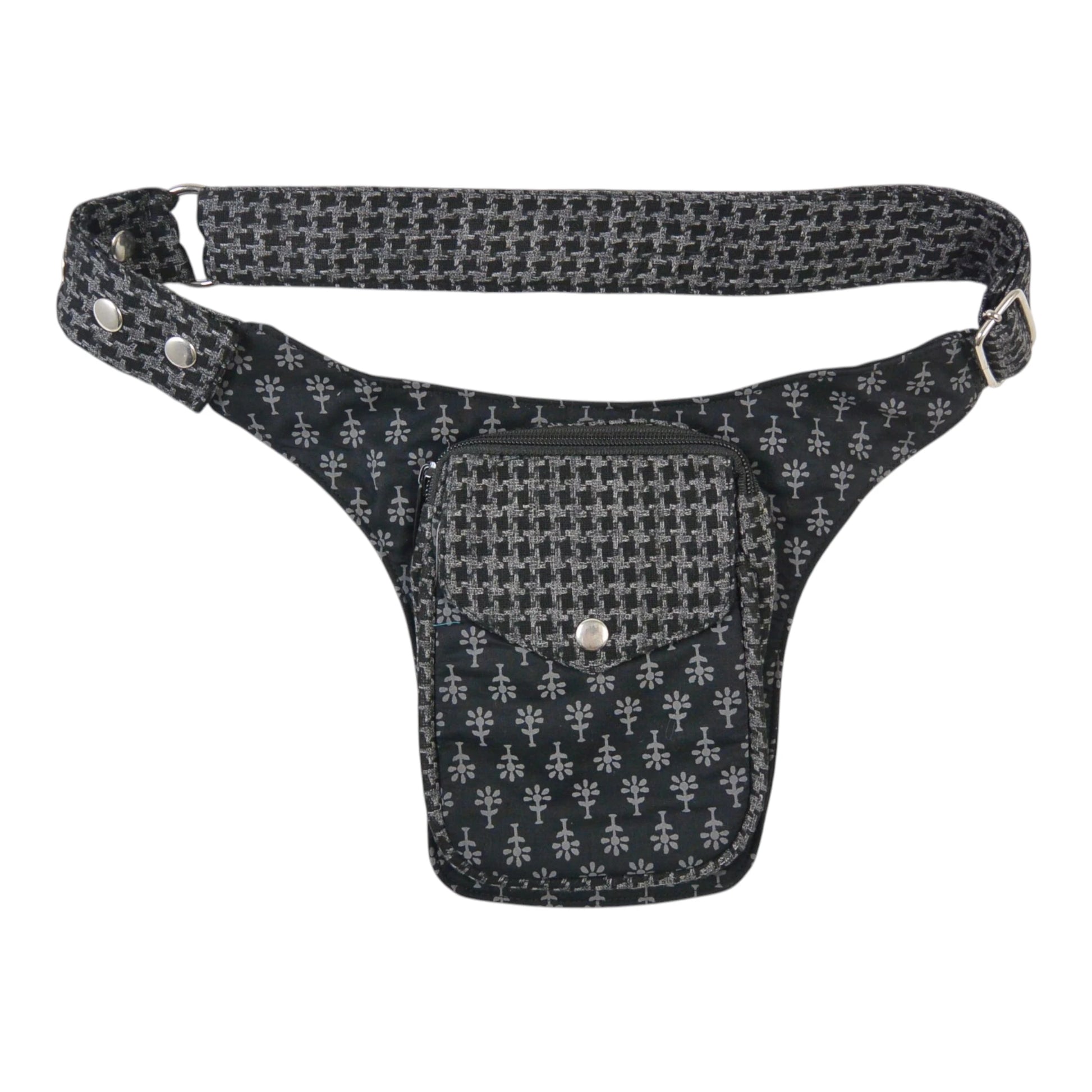 Nijens Hamburg Hüfttasche schwarz mit Blumen-Muster und Druckknopffach, kompakte Bauchtasche für Spaziergänge