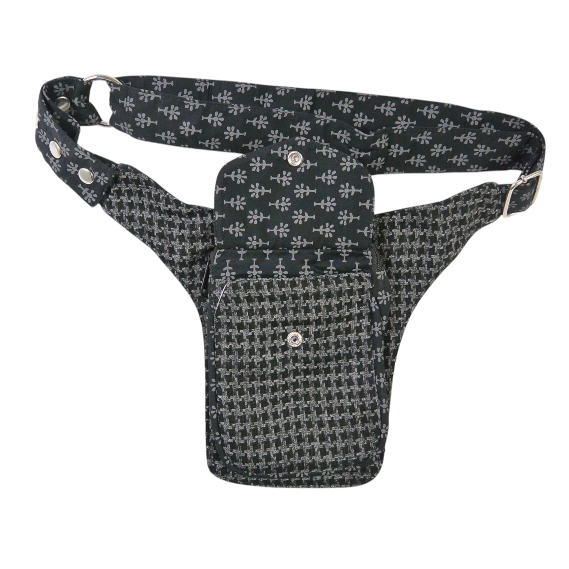 Nijens Hüfttasche schwarz mit Blumen-Muster und Druckknopffach, kompakte Bauchtasche für Spaziergäng