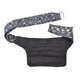 Hinteransicht: Bauchtasche aus Stoff Grau mit Muster. Kleines Reißverschlussfach hinten.