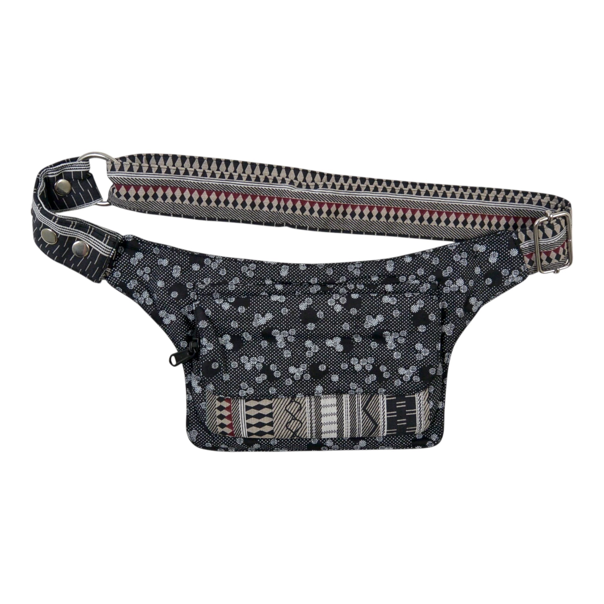 Graue Stoff-Bauchtasche mit Blumen-Design – kompakte Form und verstellbarer Gurt