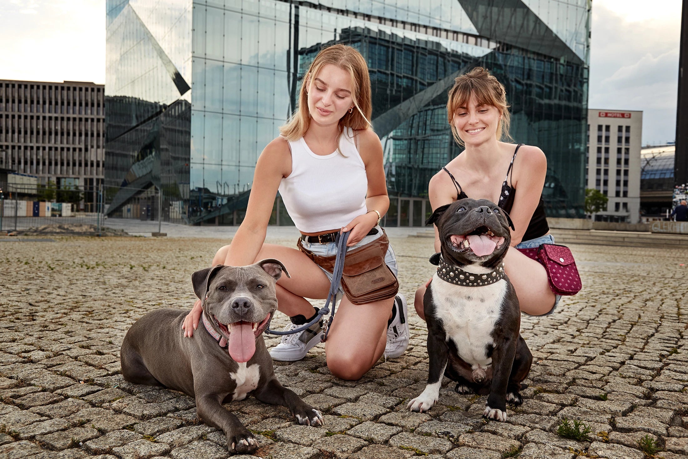 Zwei weibliche Models knien mit zwei Hunden und präsentieren Nijens Gürteltaschen