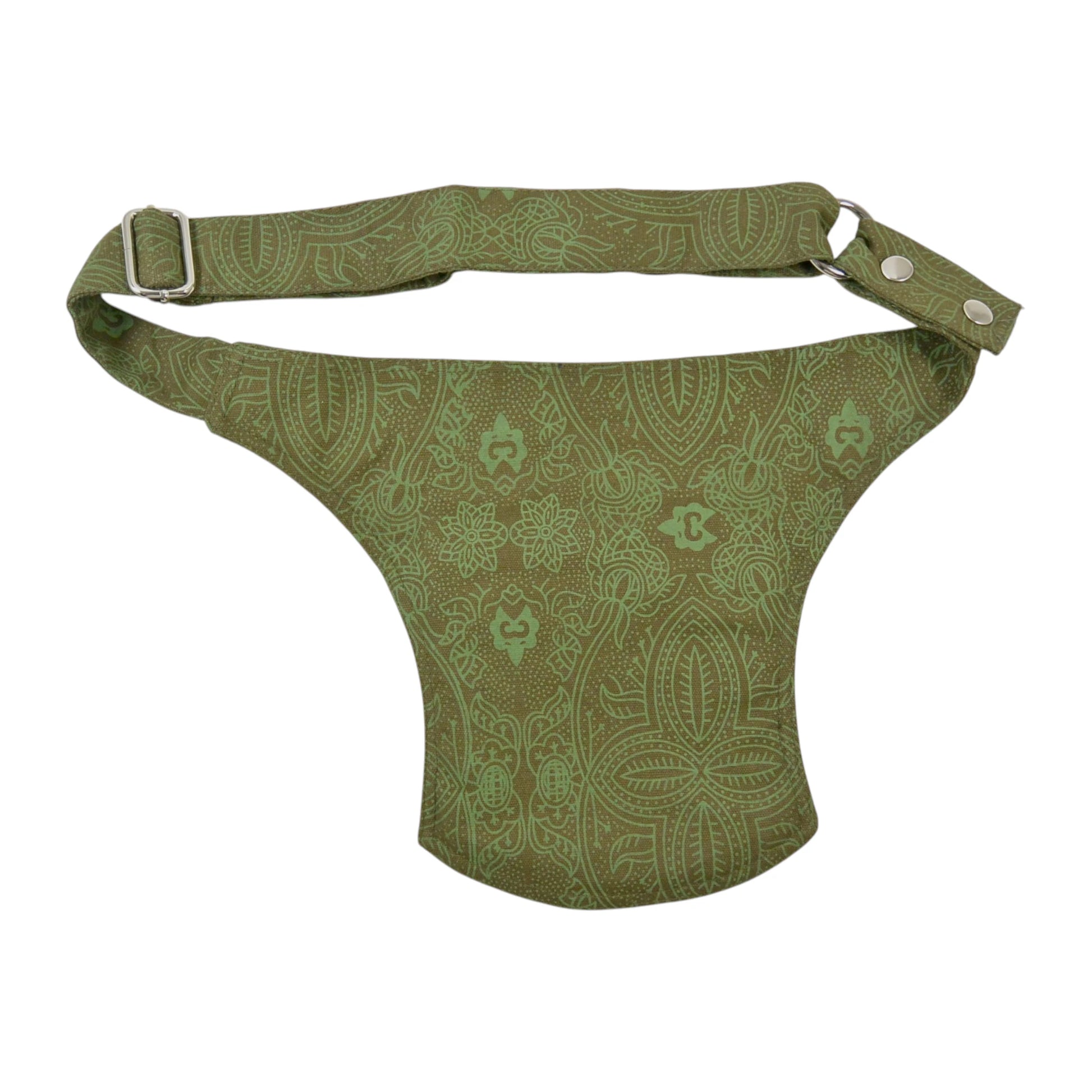 Rückansicht der grünen Nijens Bauchtasche mit floralem Muster