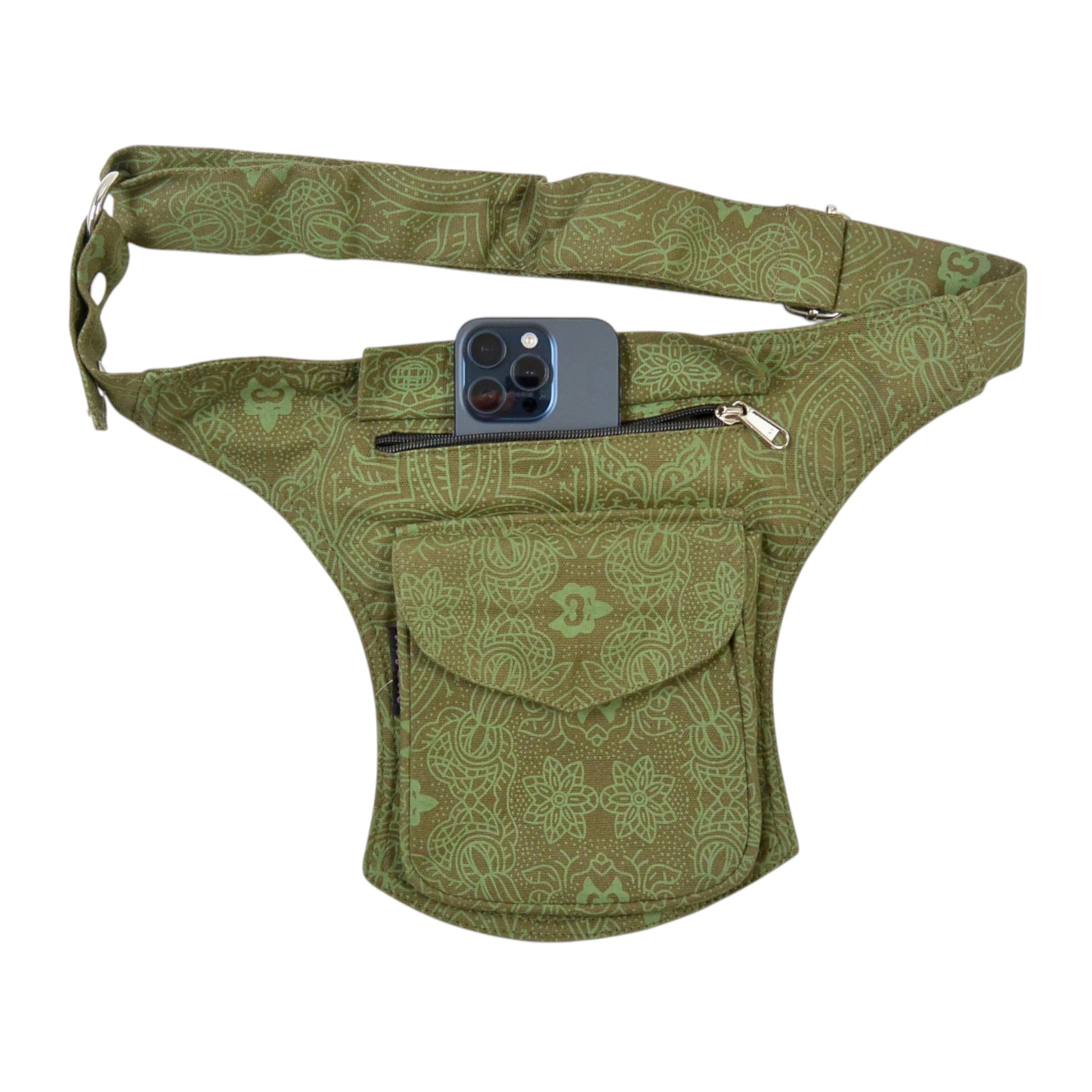Geöffnete Bauchtasche Madrid Khaki mit Handy im Reißverschlussfach