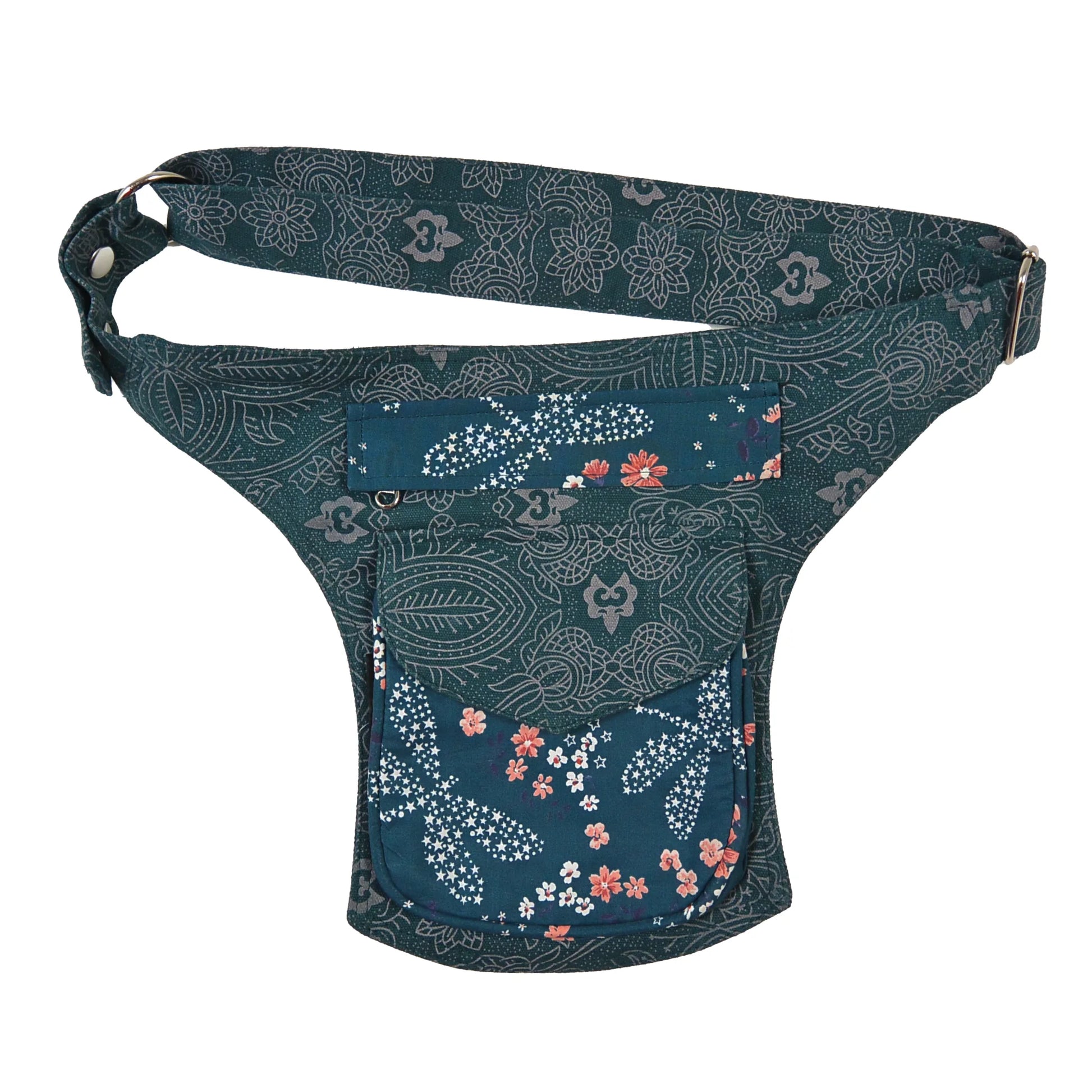 Blaugrüne Festival-Gürteltasche mit floralem Ethno-Design – Bauchtasche Madrid von Nijens