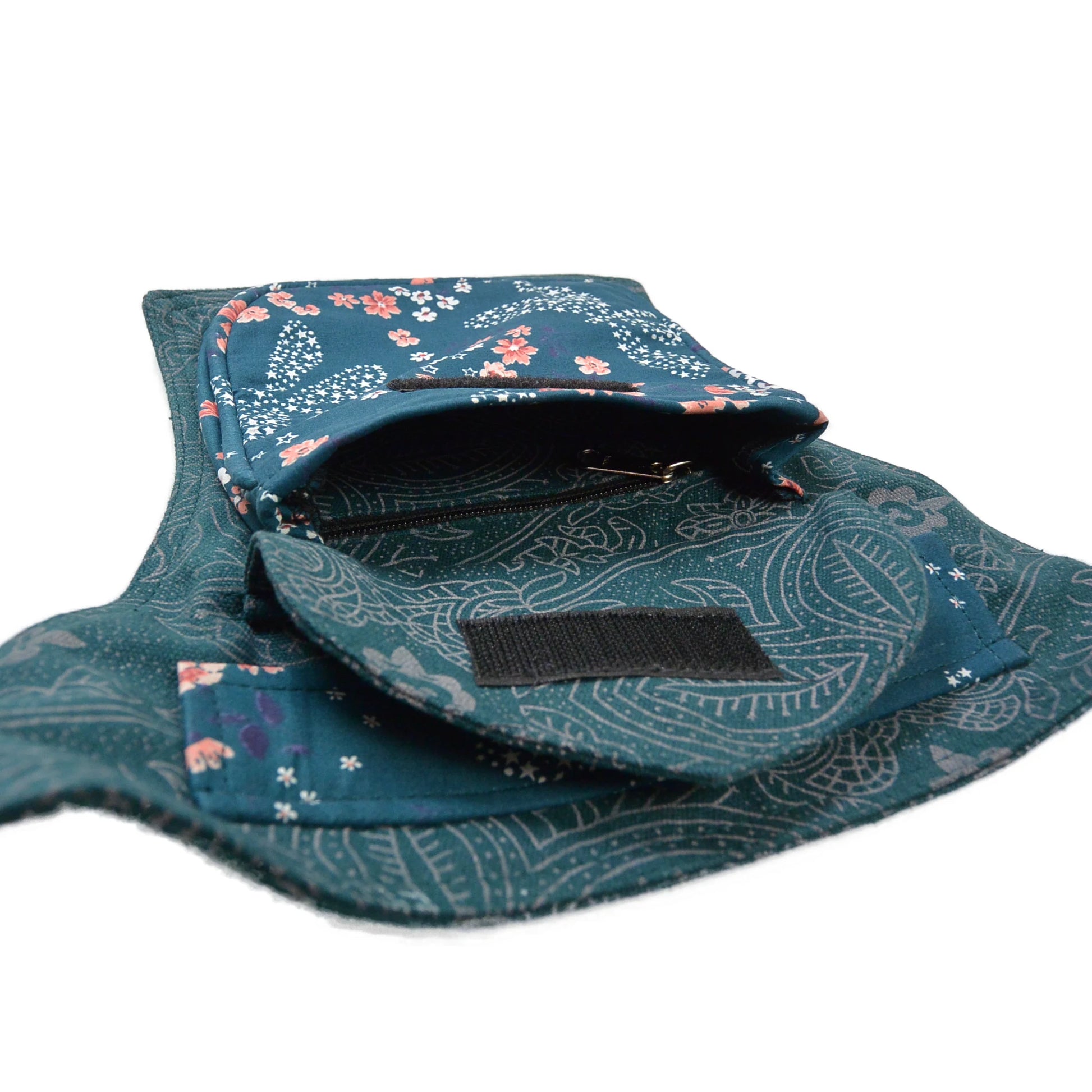 Detail der blaugrünen Gürteltasche – Fronttasche mit Klettverschluss und verstecktem Reißverschlussfach innen