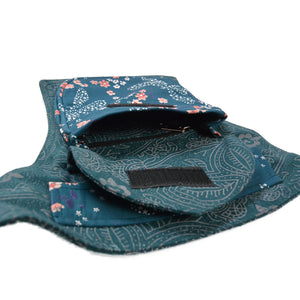 Detail der blaugrünen Gürteltasche – Fronttasche mit Klettverschluss und verstecktem Reißverschlussfach innen