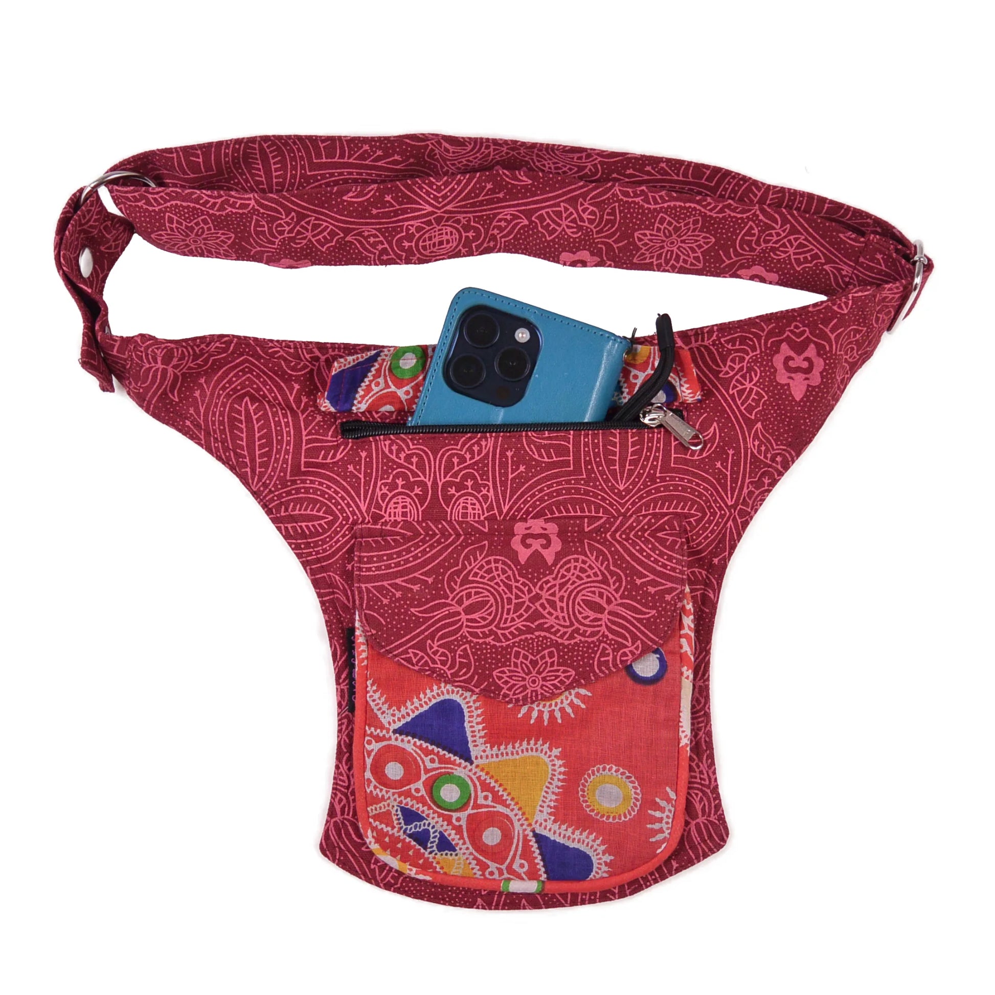Gürteltasche, Bauchtasche aus Baumwollstoff mit Ornamenten und Mandala Motive in Rot. Handyfach, Frontansicht