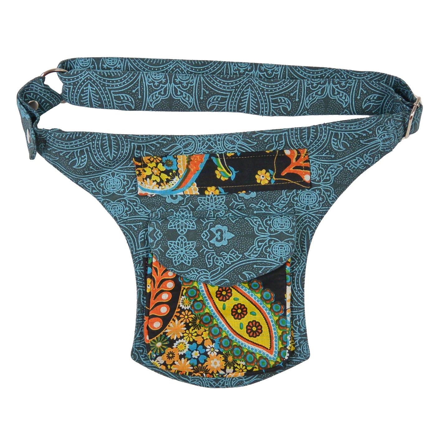 Petrolfarbene Gürteltasche im Ethno-Stil mit buntem Muster – Festival Bauchtasche Madrid von Nijens, Vorderansicht