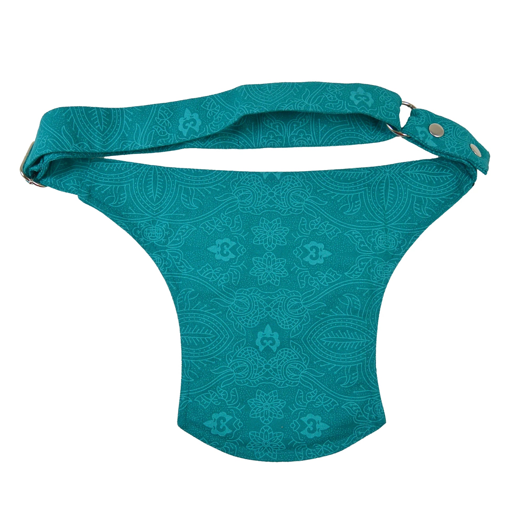 Farbenfrohe türkise Gürteltasche im Ethno-Stil – stylische Festival-Bauchtasche Madrid von Nijens. Rückseite.