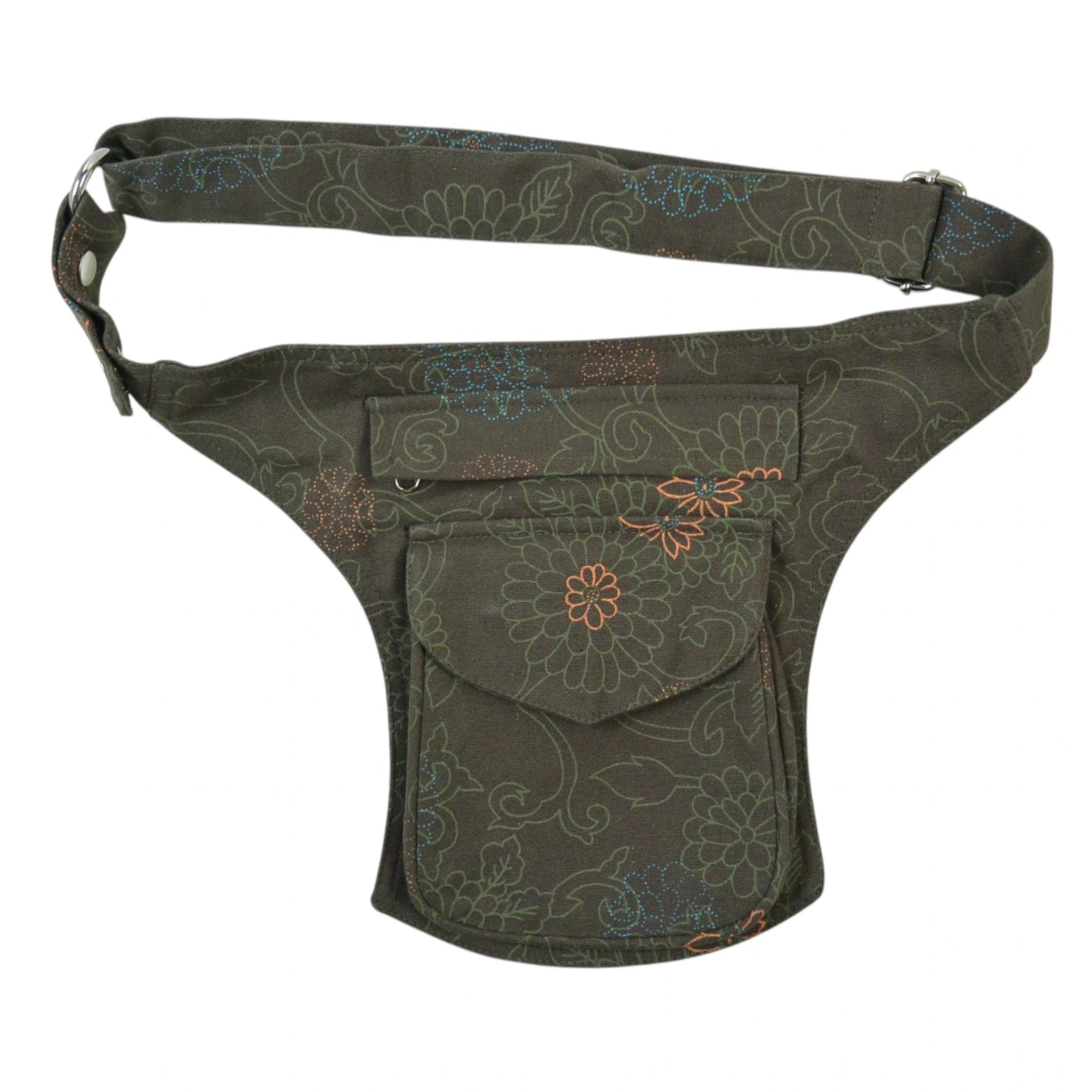Olivgrüne Bauchtasche mit floralem Muster aus Baumwolle – Festival Gürteltasche Madrid von Nijens mit verstellbarem Hüftgurt