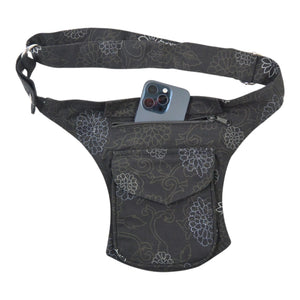 Schwarze Bauchtasche mit floralem Muster aus Baumwolle – Festival Gürteltasche Madrid von Nijens mit verstellbarem Hüftgurt und Handyfach