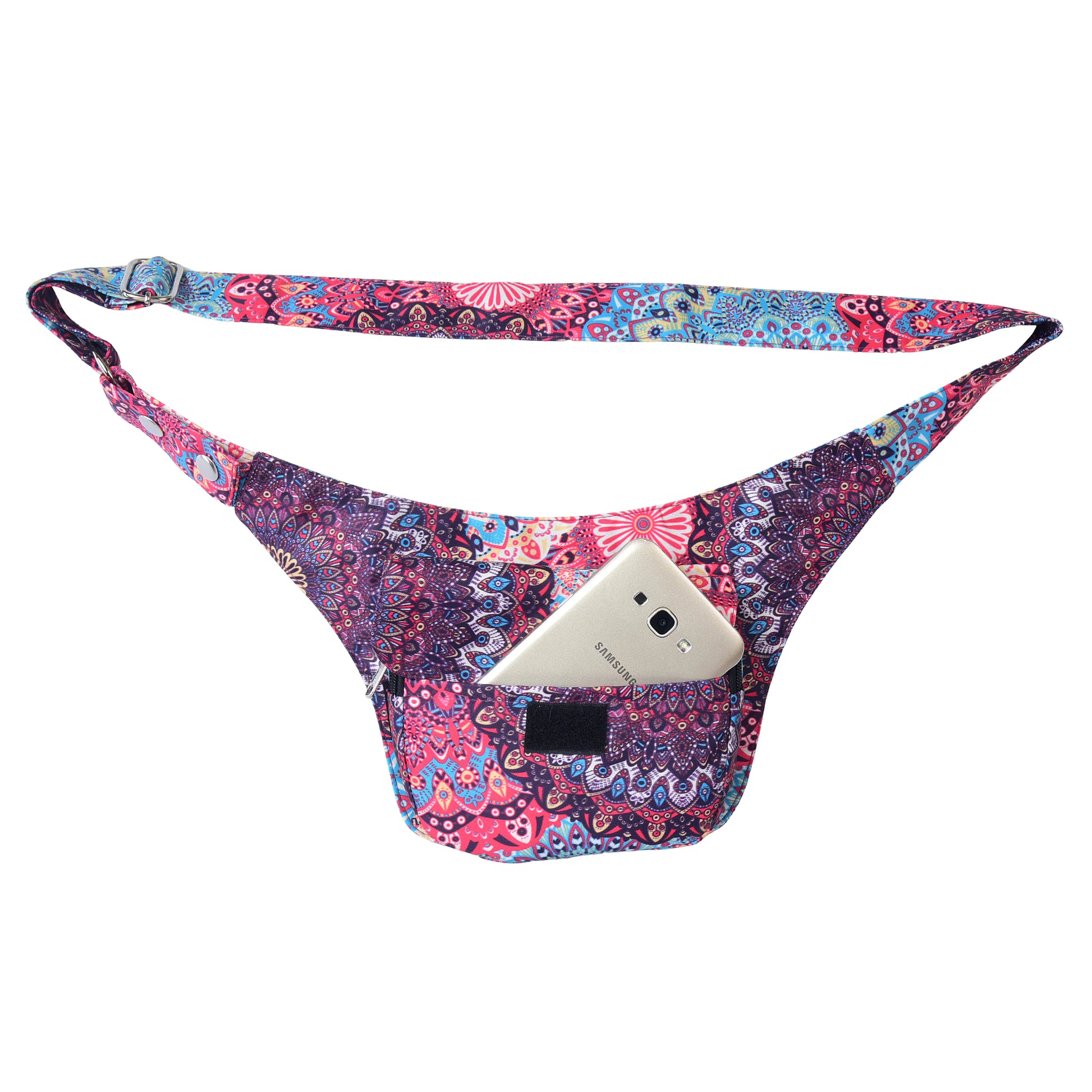 Nijens Hüfttasche Dublin Mandala bunt, zeigt Einsteckfach mit Klettverschluss und Handy.