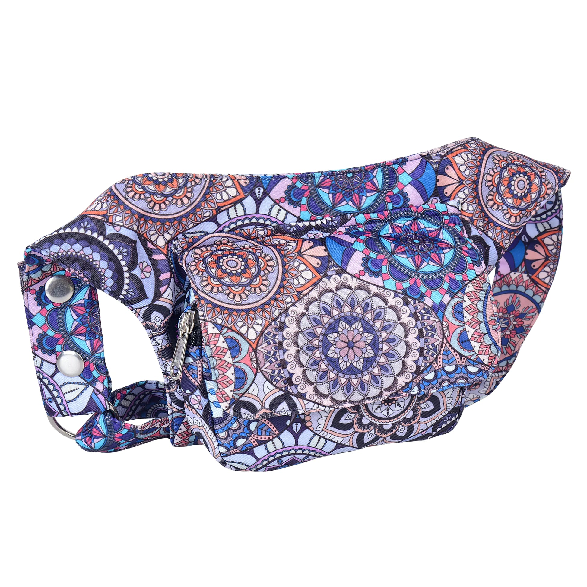 Nijens Hüfttasche Dublin in Lavendel mit Mandala-Design, Seitenansicht mit Reißverschlussfach und verstellbarem Gurt.