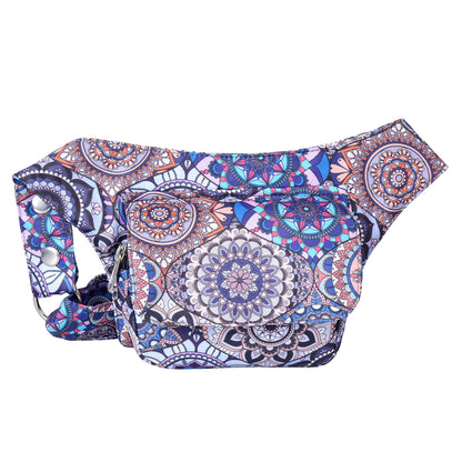 Nijens Hüfttasche Dublin in Lavendel mit Mandala-Design, Frontansicht mit Reißverschlussfach und verstellbarem Gurt.