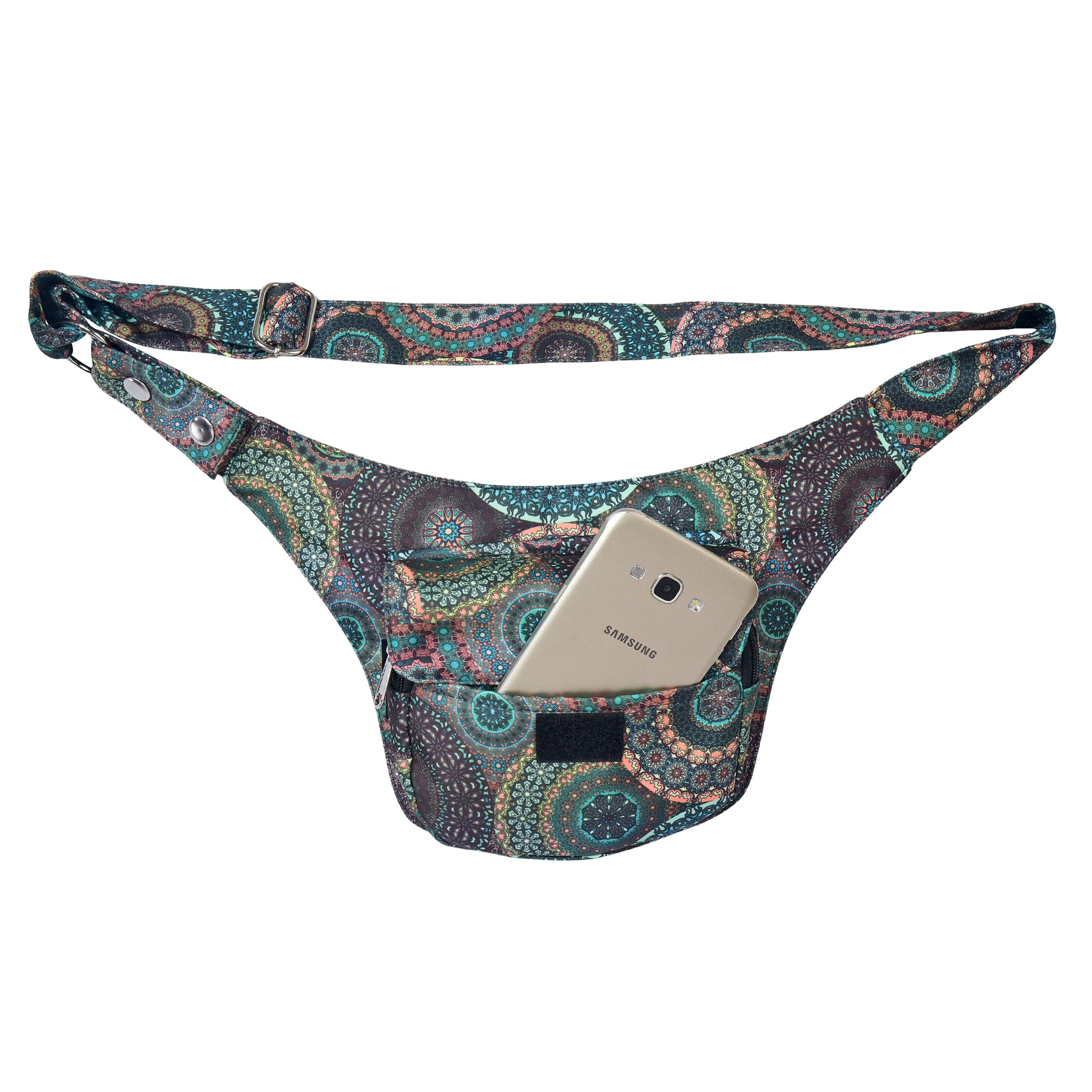 Nijens Hüfttasche Dublin in Grün mit Mandala-Print, Frontansicht mit Handyfach.