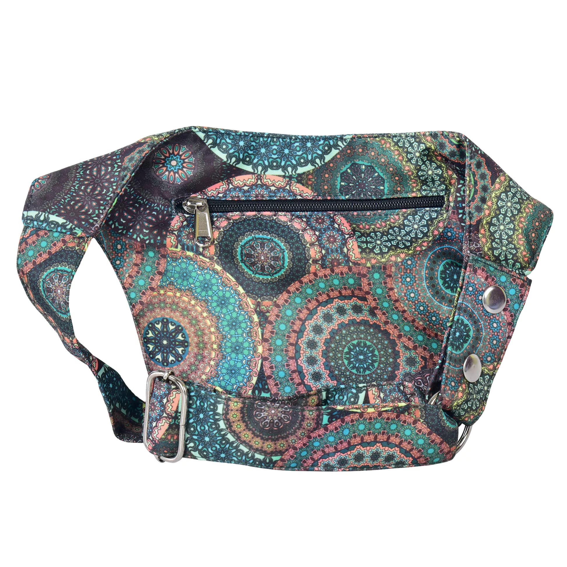 Nijens Hüfttasche Dublin in Grün mit Mandala-Print, Rückansicht mit Reißverschluss und Gurt.
