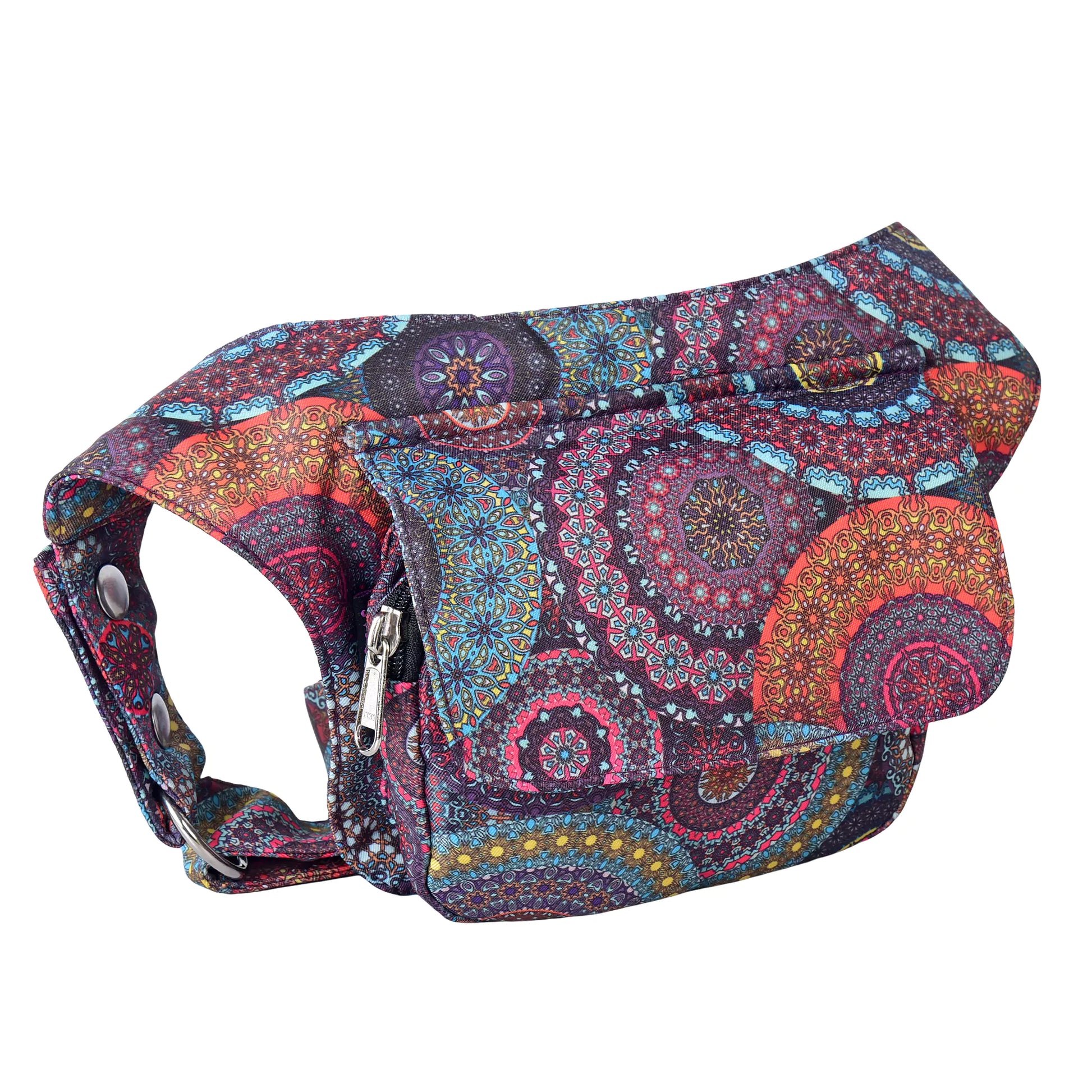 Nijens Hüfttasche Dublin im bunten Mandala-Design, Seitenansicht mit Reißverschlussfach und Gurt.