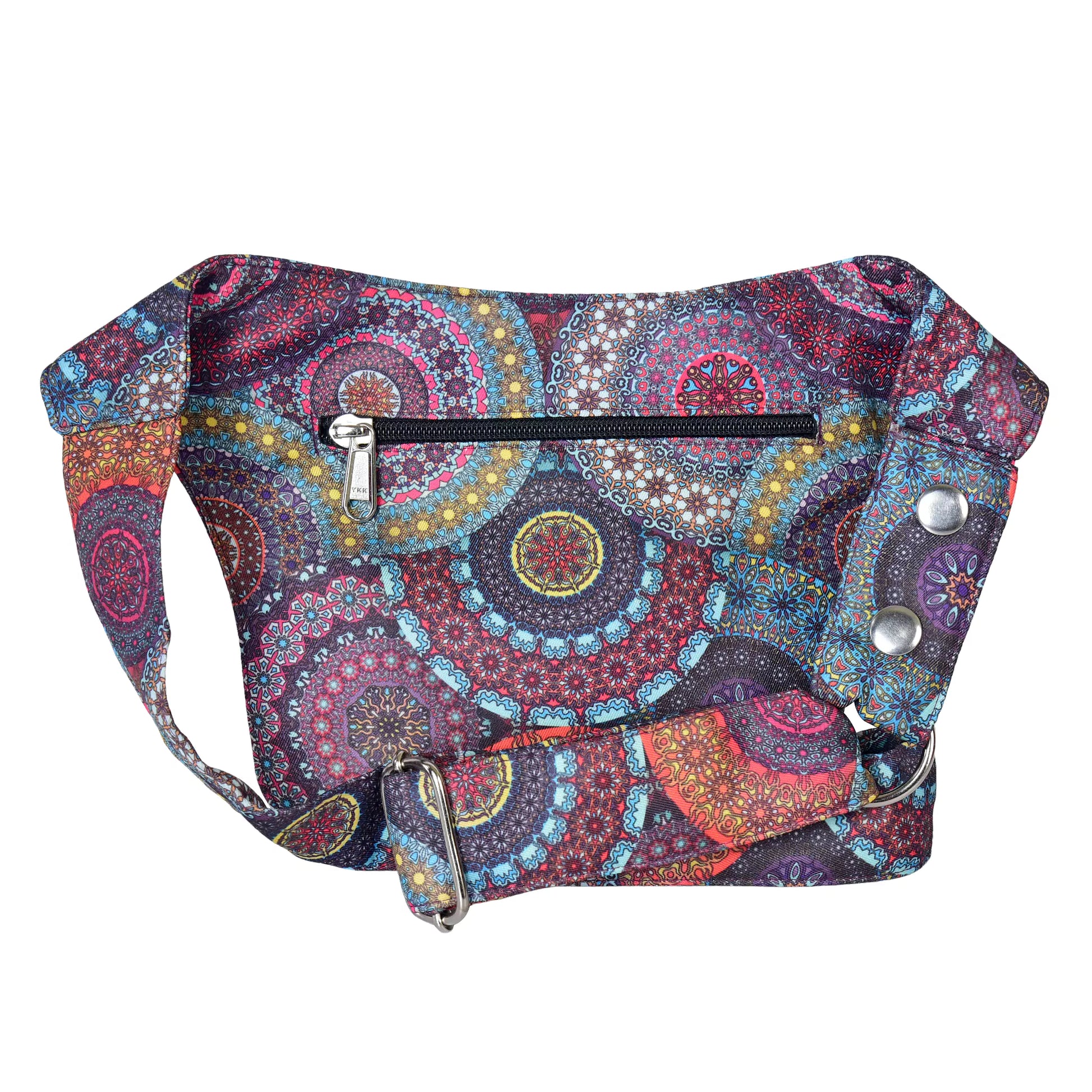 Nijens Hüfttasche Dublin im bunten Mandala-Design, Rückansicht mit Reißverschlussfach und Gurt.