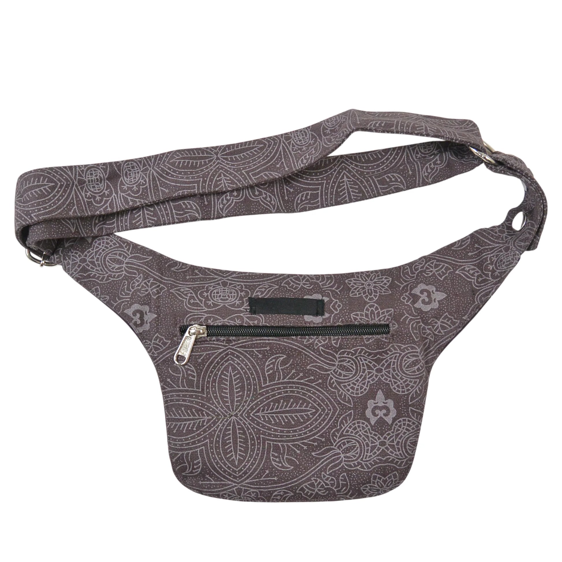 Nijens Bauchtasche Dublin in Braun mit Anker-Muster und floralem Print,  mit sichtbarem Reißverschlussfach. Rückseite.