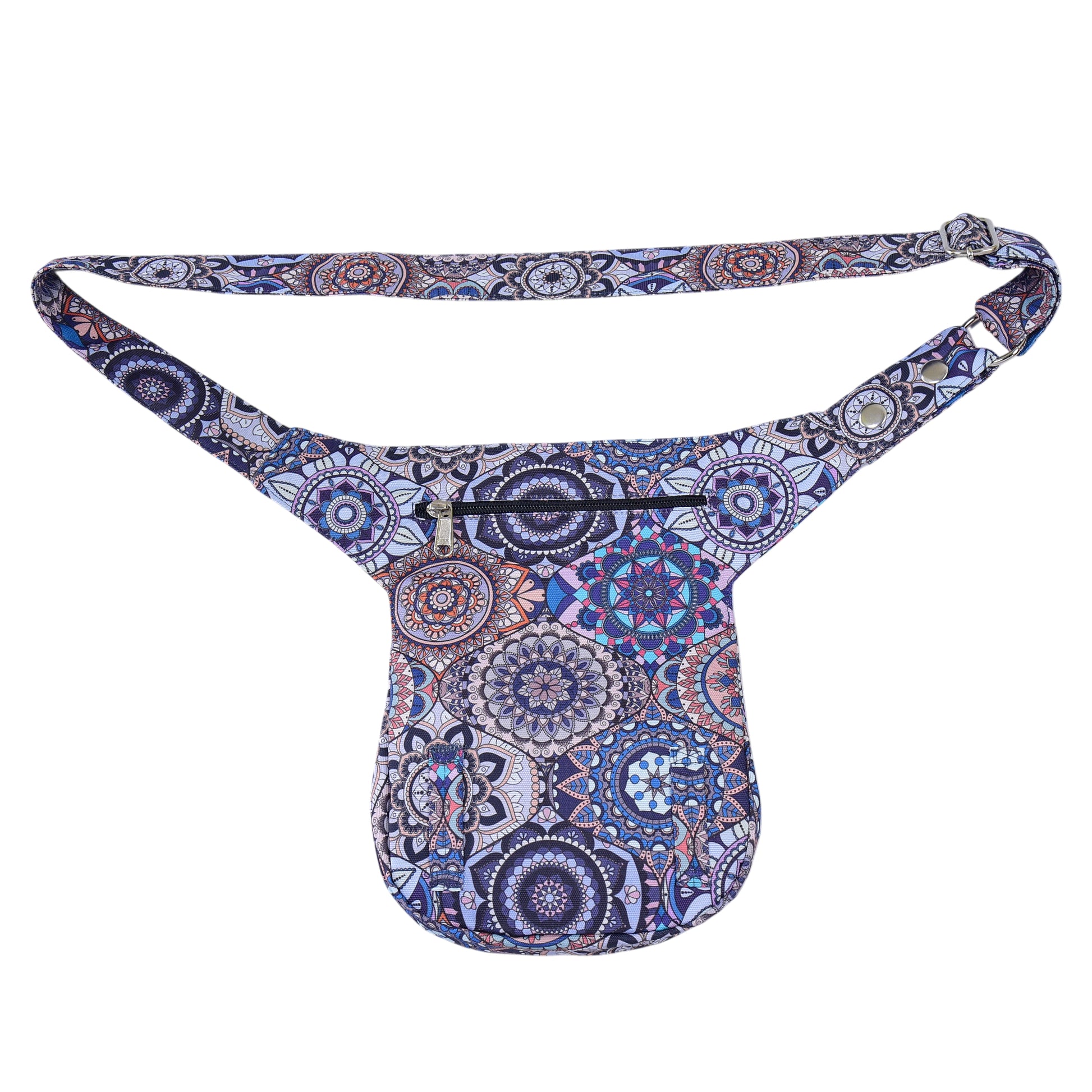 Rückseite der Hüfttasche wasserdicht mit farbigem Mandala-Muster in Lavendel. Nijens Shop.