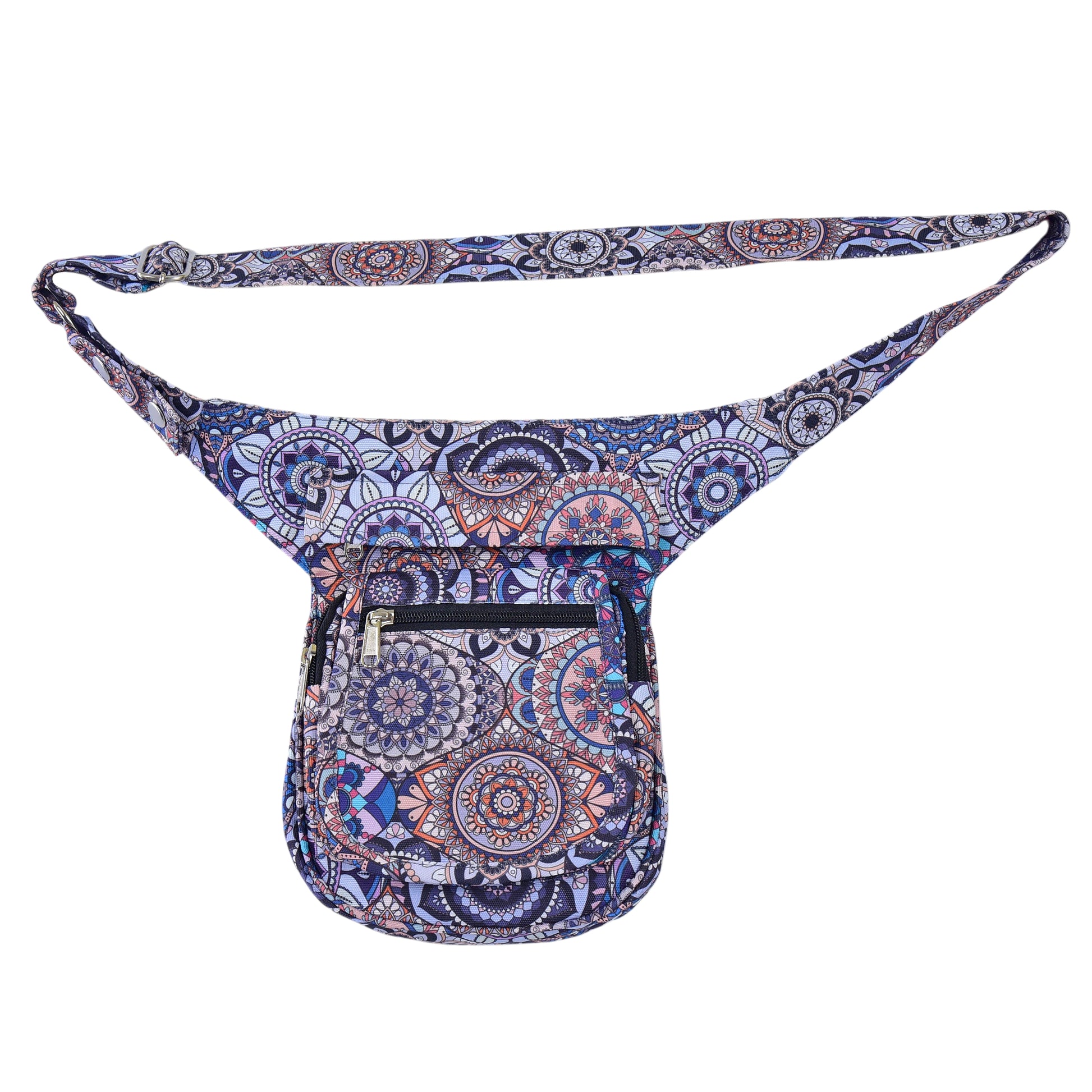 Frontansicht Paris Hüfttasche wasserdicht mit farbigem Mandala-Muster in Lavendel. Nijens Shop.