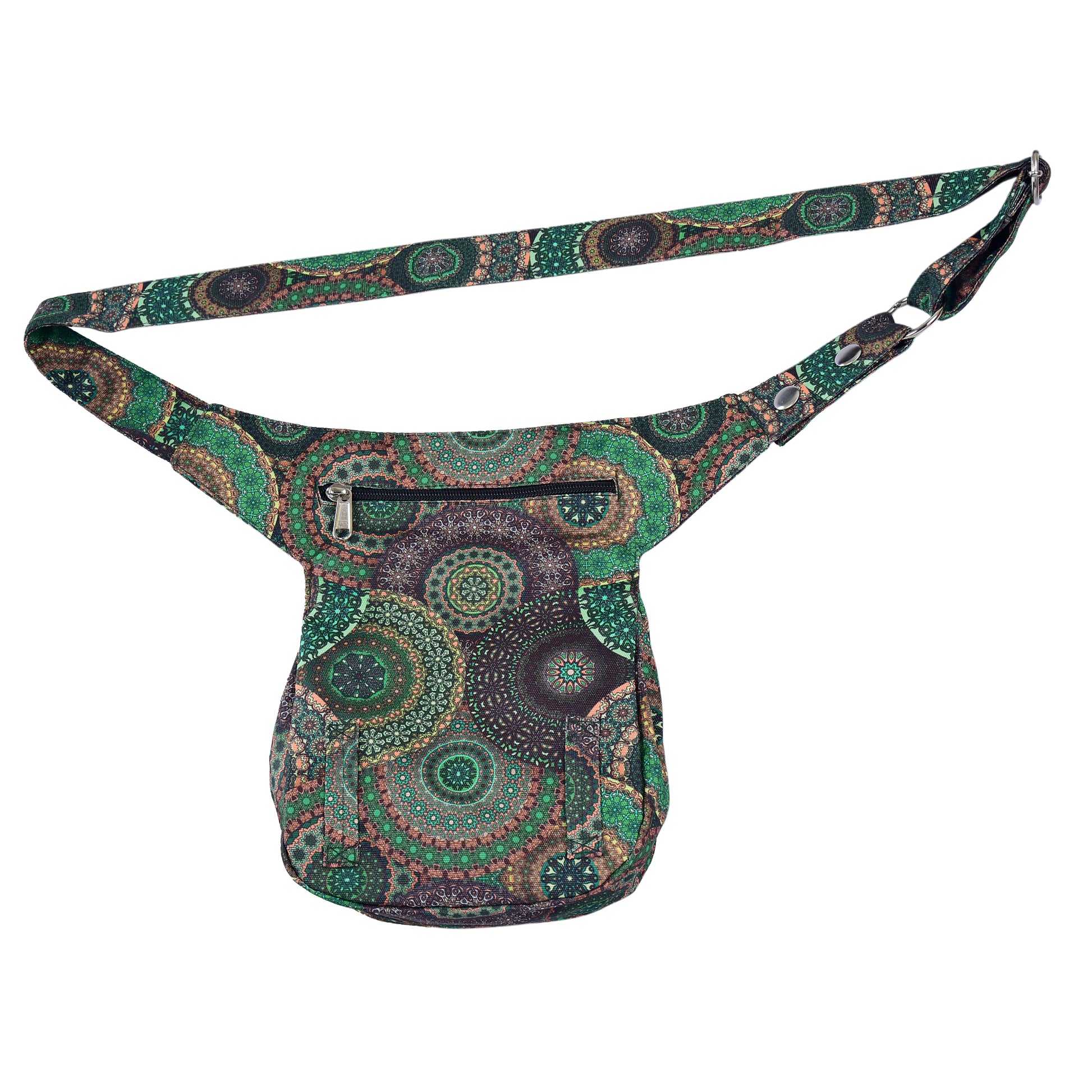 Rückseite der Hüfttasche mit Mandala-Muster in Grün-Braun – farbenfroher Blickfang für Outdoor & Reisen