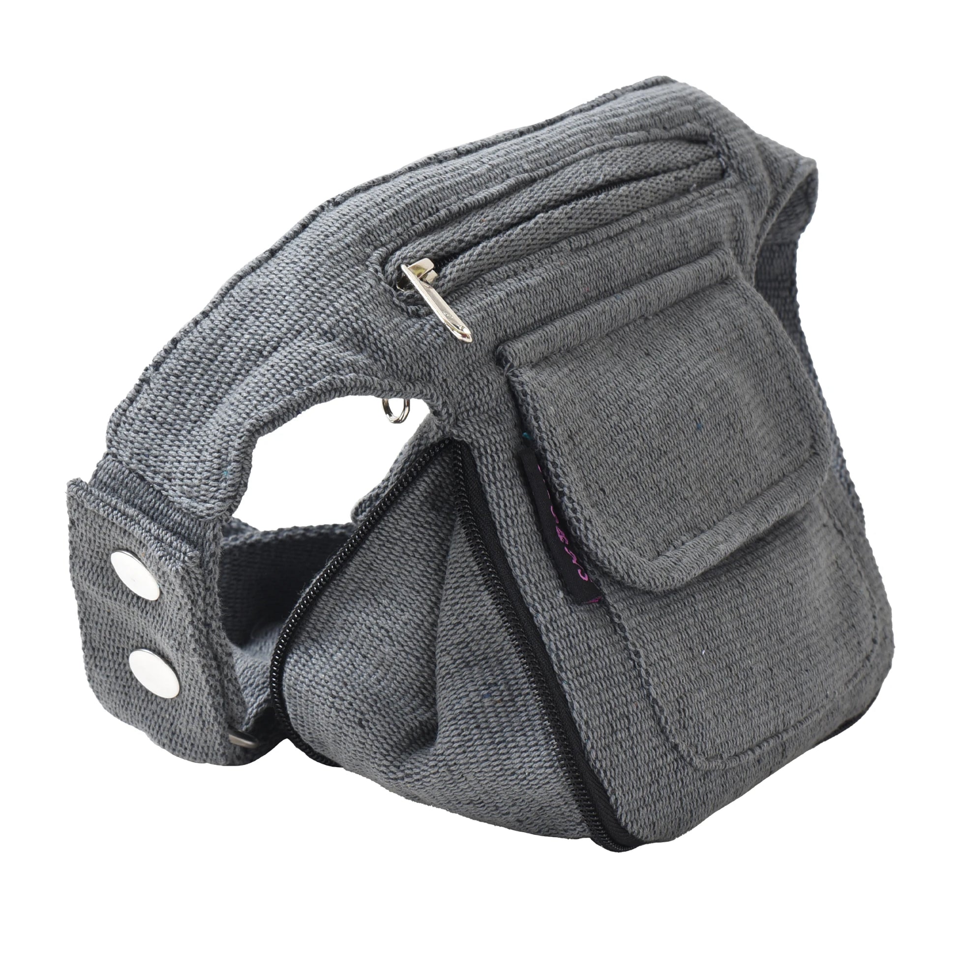 Nijens Gürteltasche in Grau – praktische Hüfttasche aus Baumwolle mit mehreren Fächern. Seitenansicht.