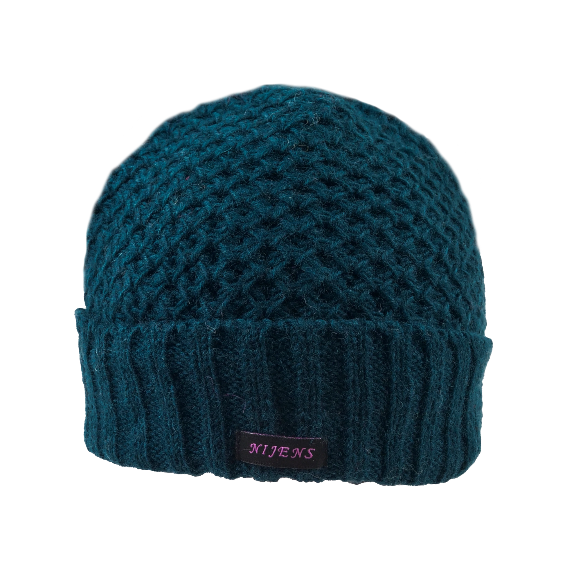 Frontansicht: Kurze Beanie Mütze, Wollmütze aus Schurwolle Petrol, Webenmuster Strick Tiefseegrün mit Breitem Mützenumschlag.
