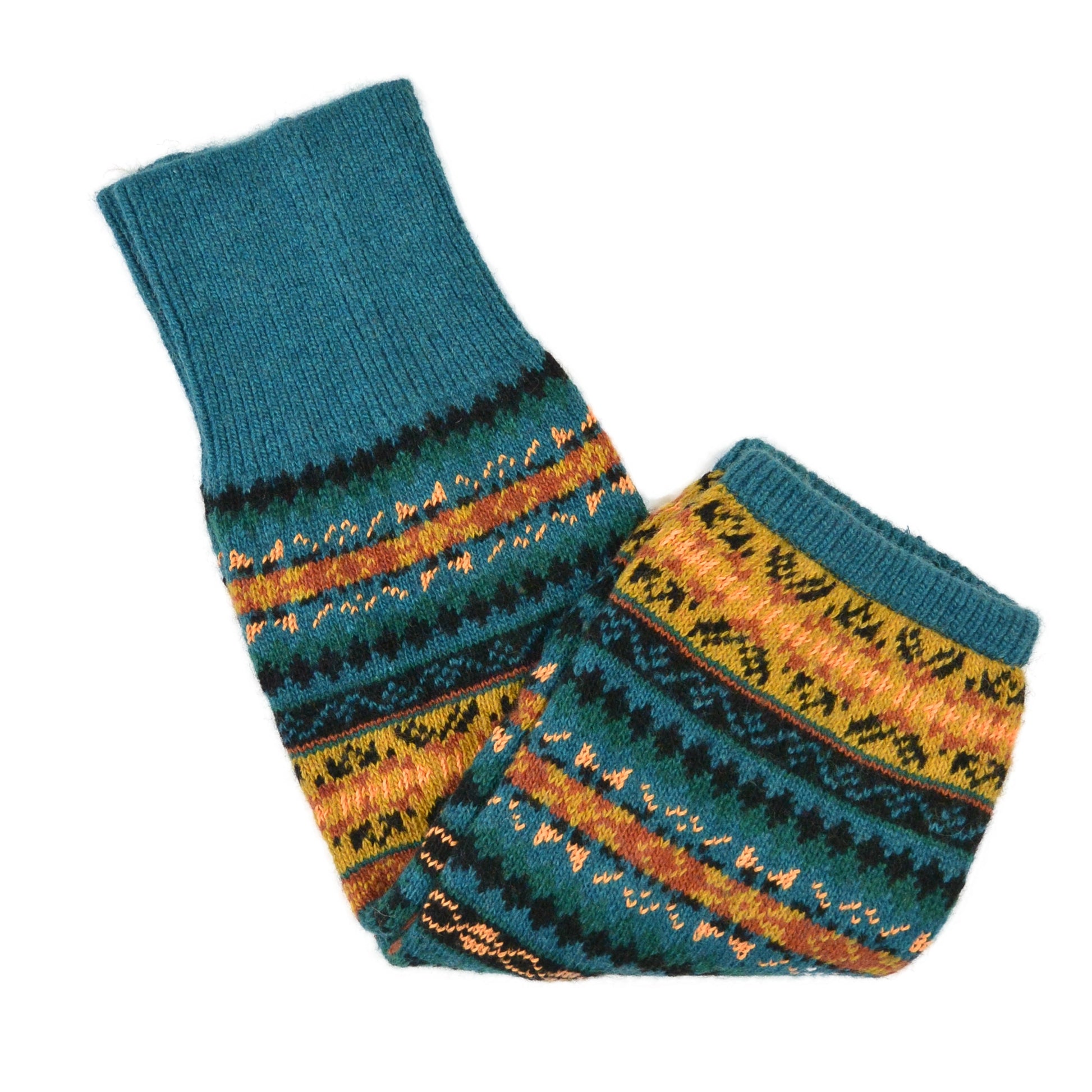 Gestrickte Beinstulpen im bunten Ethno-Muster aus Acryl und Wolle – Modell Rosenheim Türkis