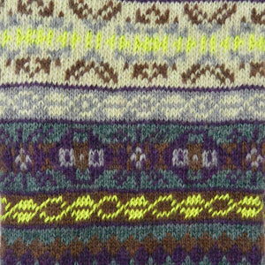 Detailaufnahme des Jacquard-Strickmusters der Beinstulpen Rosenheim in Grün, Gelb und Braun