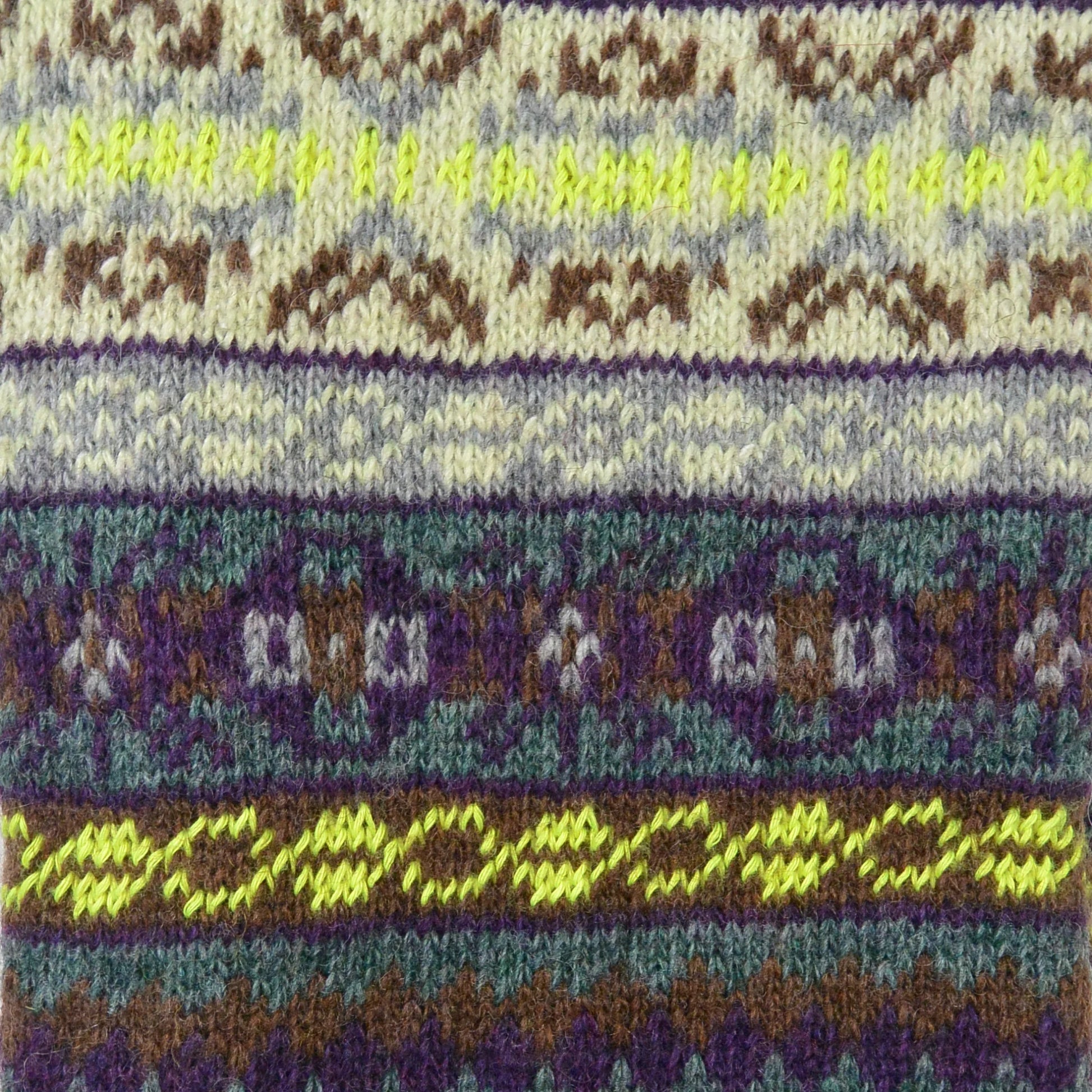 Detailaufnahme des Jacquard-Strickmusters der Beinstulpen Rosenheim in Grün, Gelb und Braun