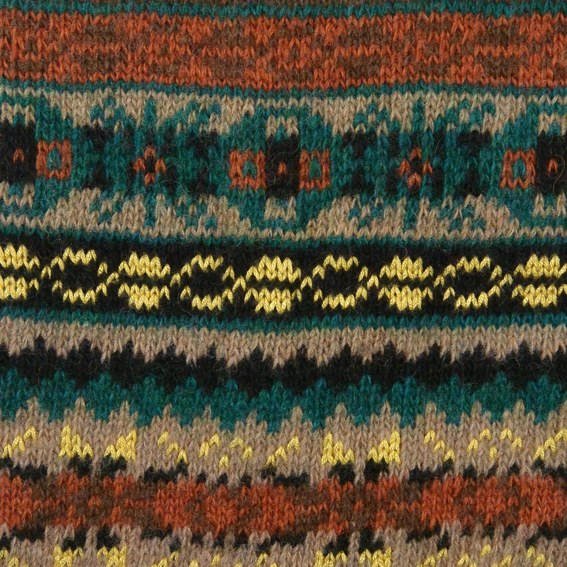 Detailaufnahme des Jacquard-Strickmusters der Beinstulpen Rosenheim in Gelb und Braun