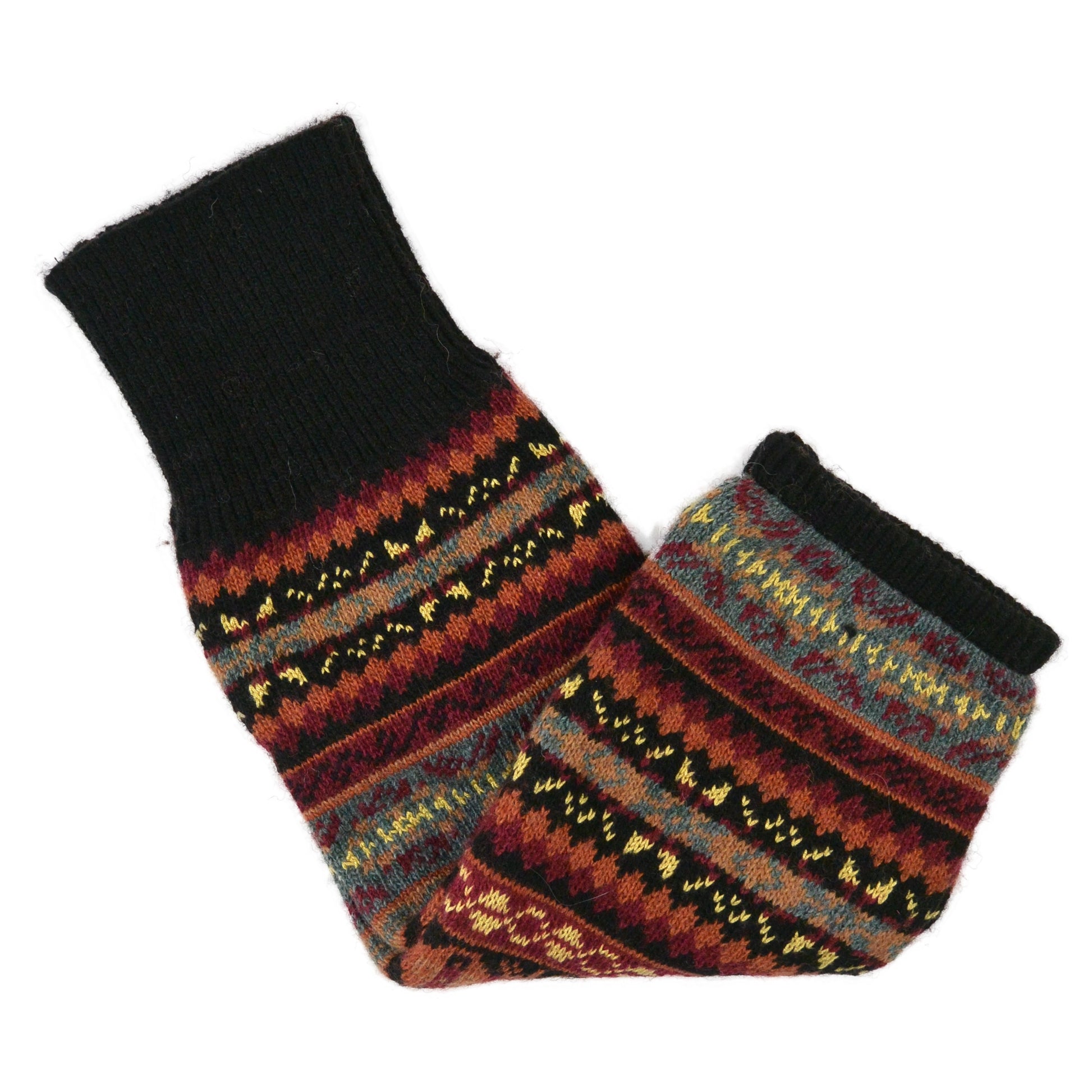 Beinstulpen aus Acryl & Wolle in Schwarz – mit farbenfrohem Strickmuster. Nijens Shop