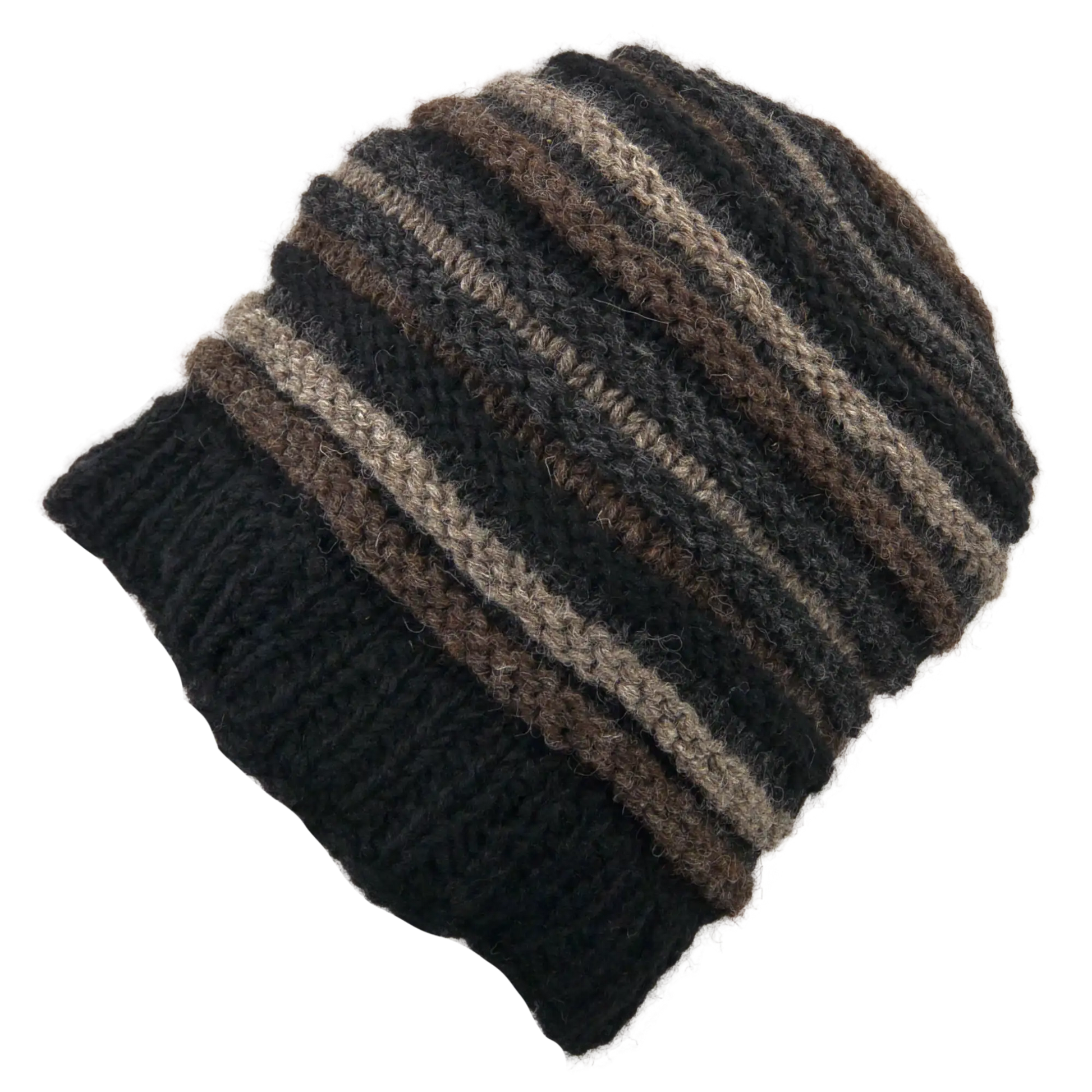 Rippenmütze, handgestrickte Wollmütze aus 100% Schurwolle mit farblich unterschiedlichem Rippenstrick. Schwarz, Grau, Braun.