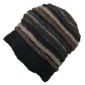 Rippenmütze, handgestrickte Wollmütze aus 100% Schurwolle mit farblich unterschiedlichem Rippenstrick. Schwarz, Grau, Braun.