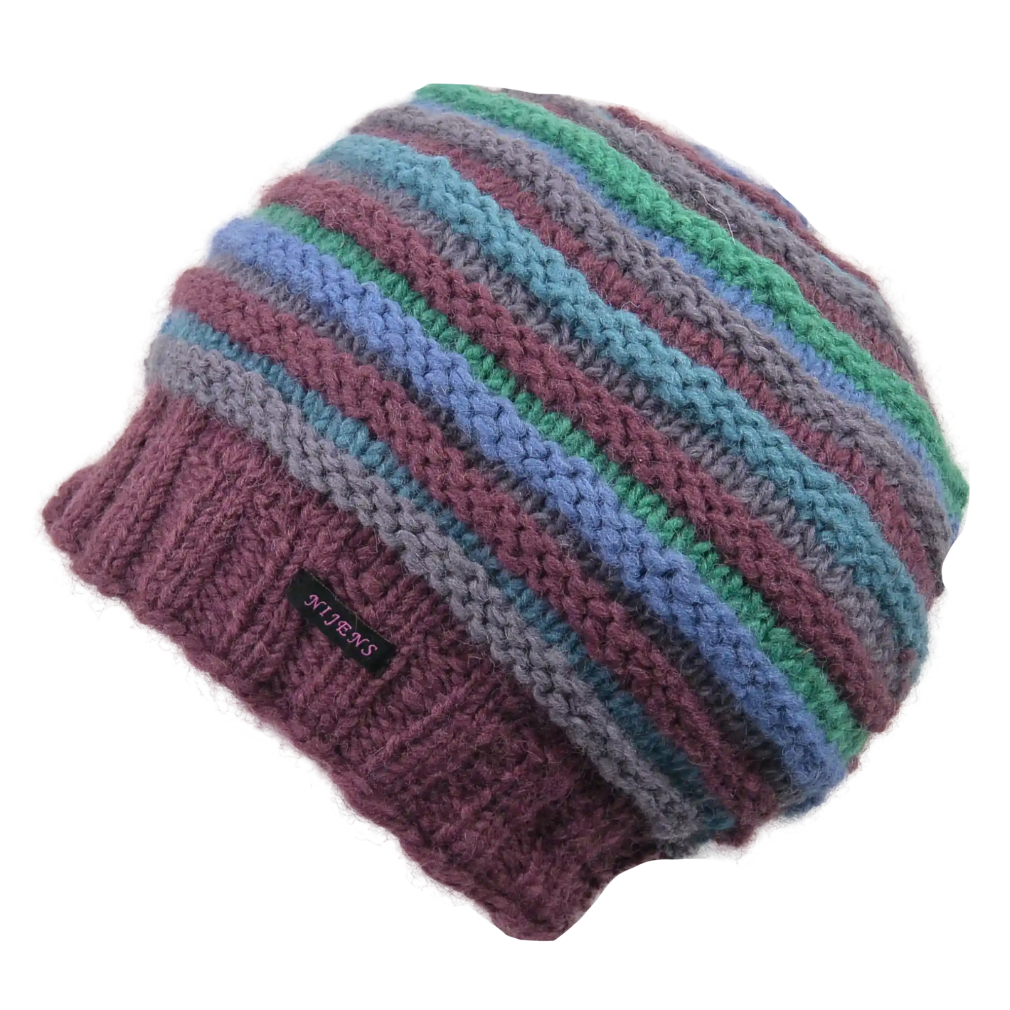 Rippenmütze, handgestrickte Wollmütze aus 100% Schurwolle mit farblich unterschiedlichem Rippenstrick. Lila, Blau, Grün.