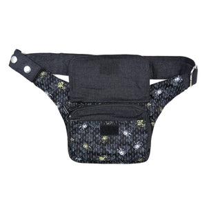 Gürteltasche, Bauchtasche aus Stoff in Schwarz mit floralen Motiven.