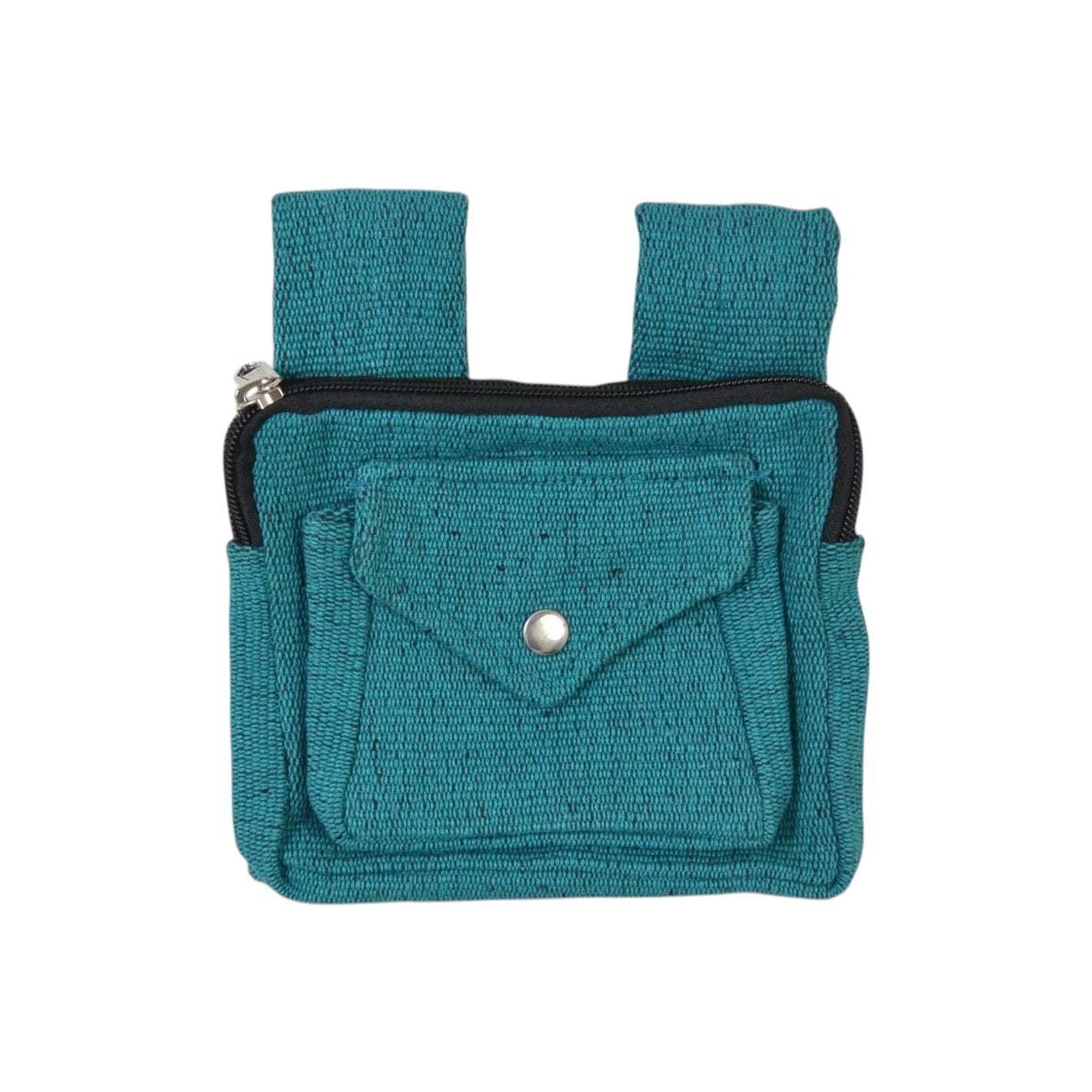 Quadratische Beuteltasche Delhi aus Canvas in Petrol von Nijens mit Druckknopf-Fronttasche