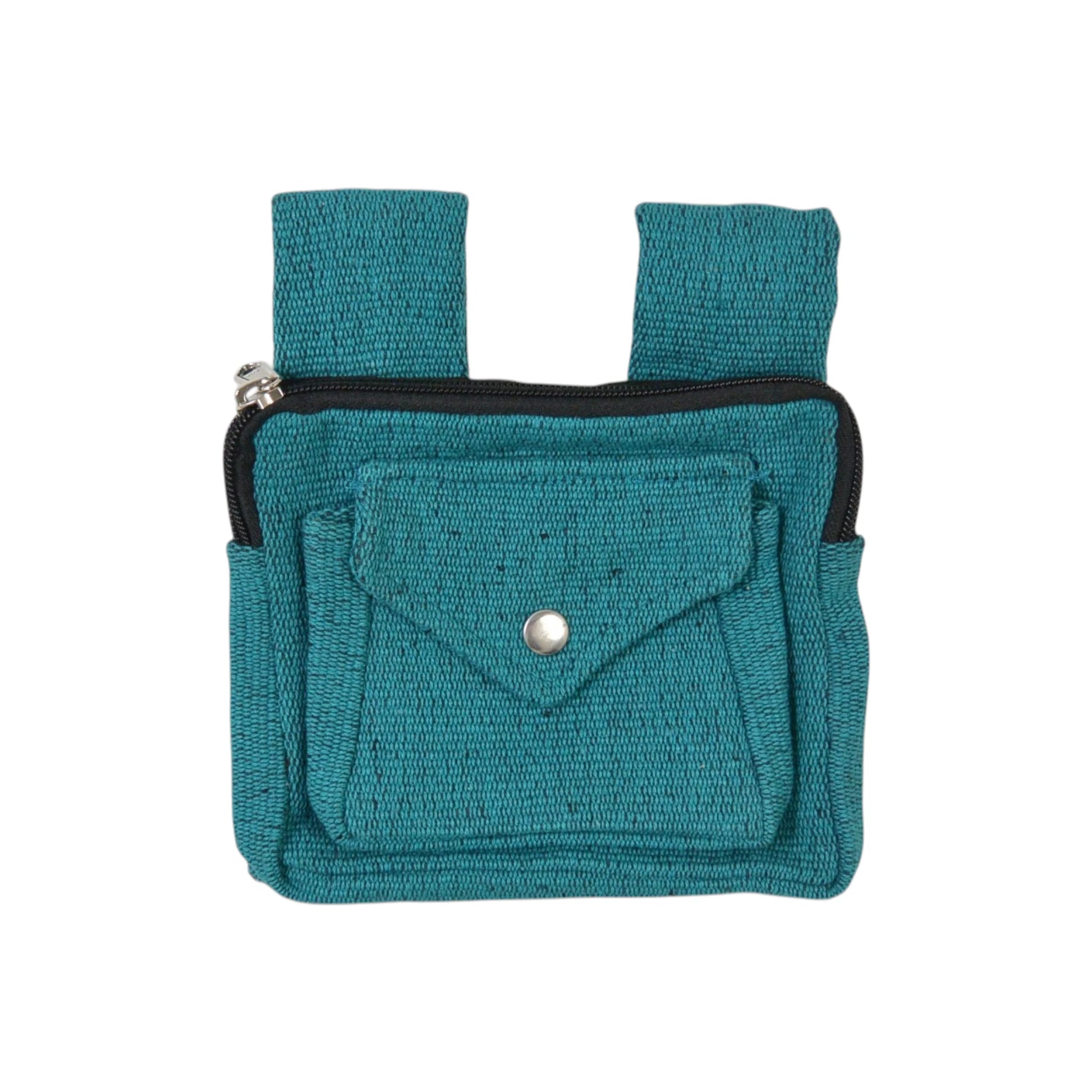 Quadratische Beuteltasche Delhi aus Canvas in Petrol von Nijens mit Druckknopf-Fronttasche