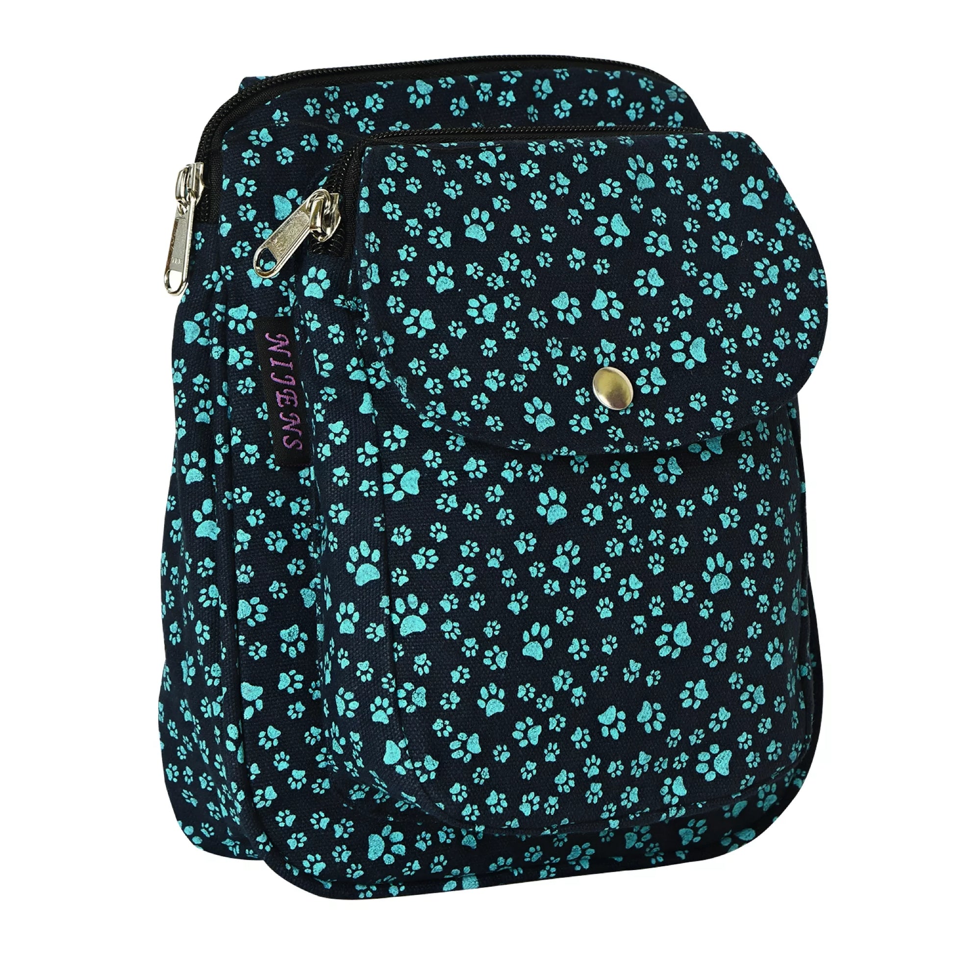 Beuteltasche Gassi-Tasche Stoff-Canvas Teal mit Pfotenmuster.