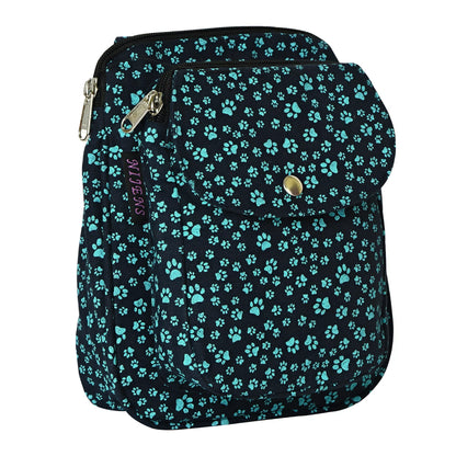 Beuteltasche Gassi-Tasche Stoff-Canvas Teal mit Pfotenmuster.