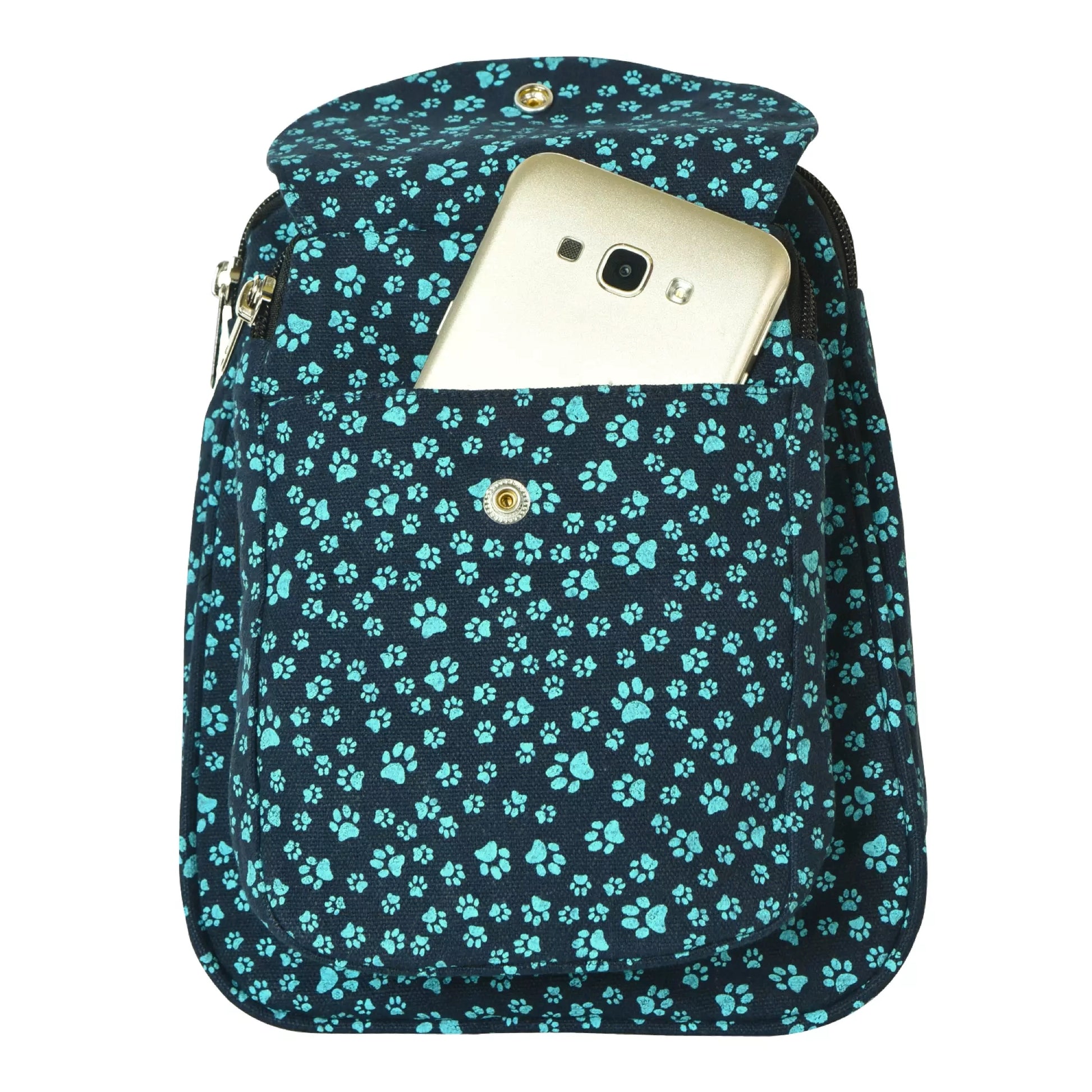 Beuteltasche Gassi-Tasche Stoff-Canvas Teal mit Pfotenmuster. Bild 2.