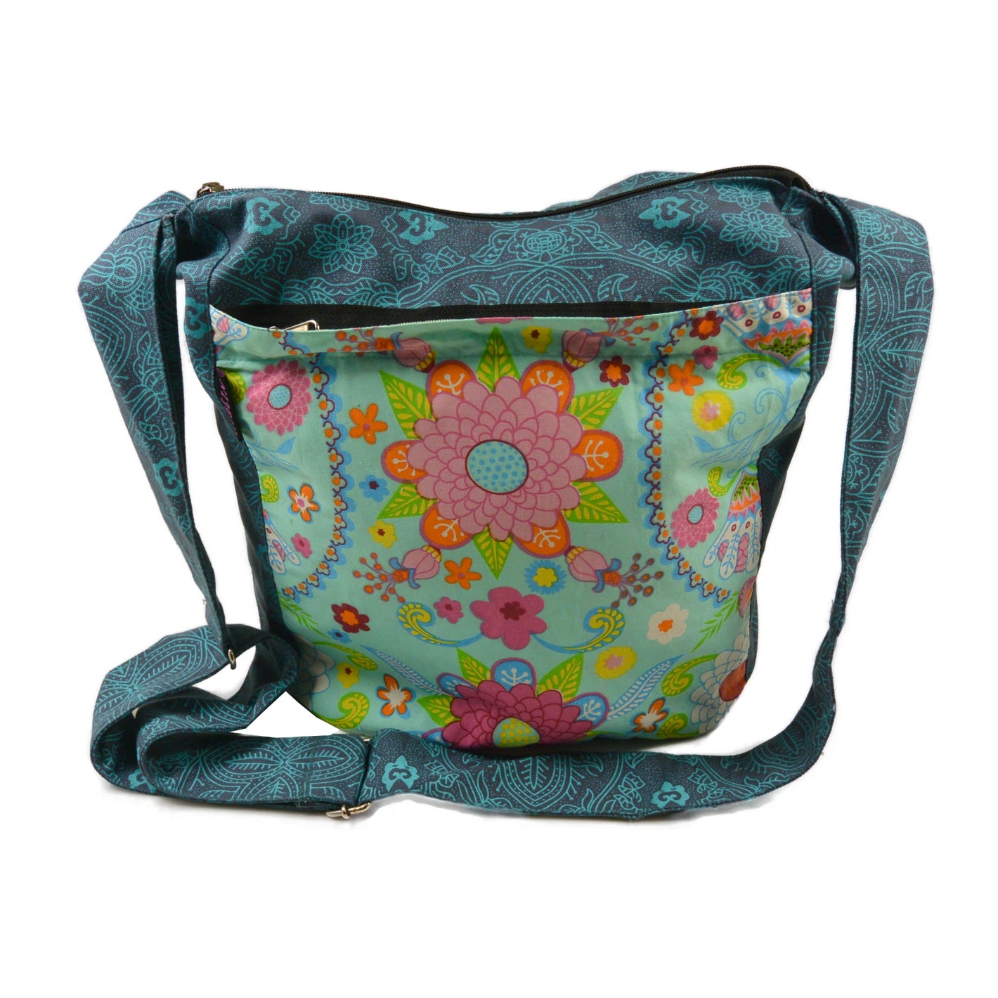 Stofftasche Nijens Umhängetasche Big Shopper Teal/Bunt mit floralen Ornamenten und Blumenmotiven.