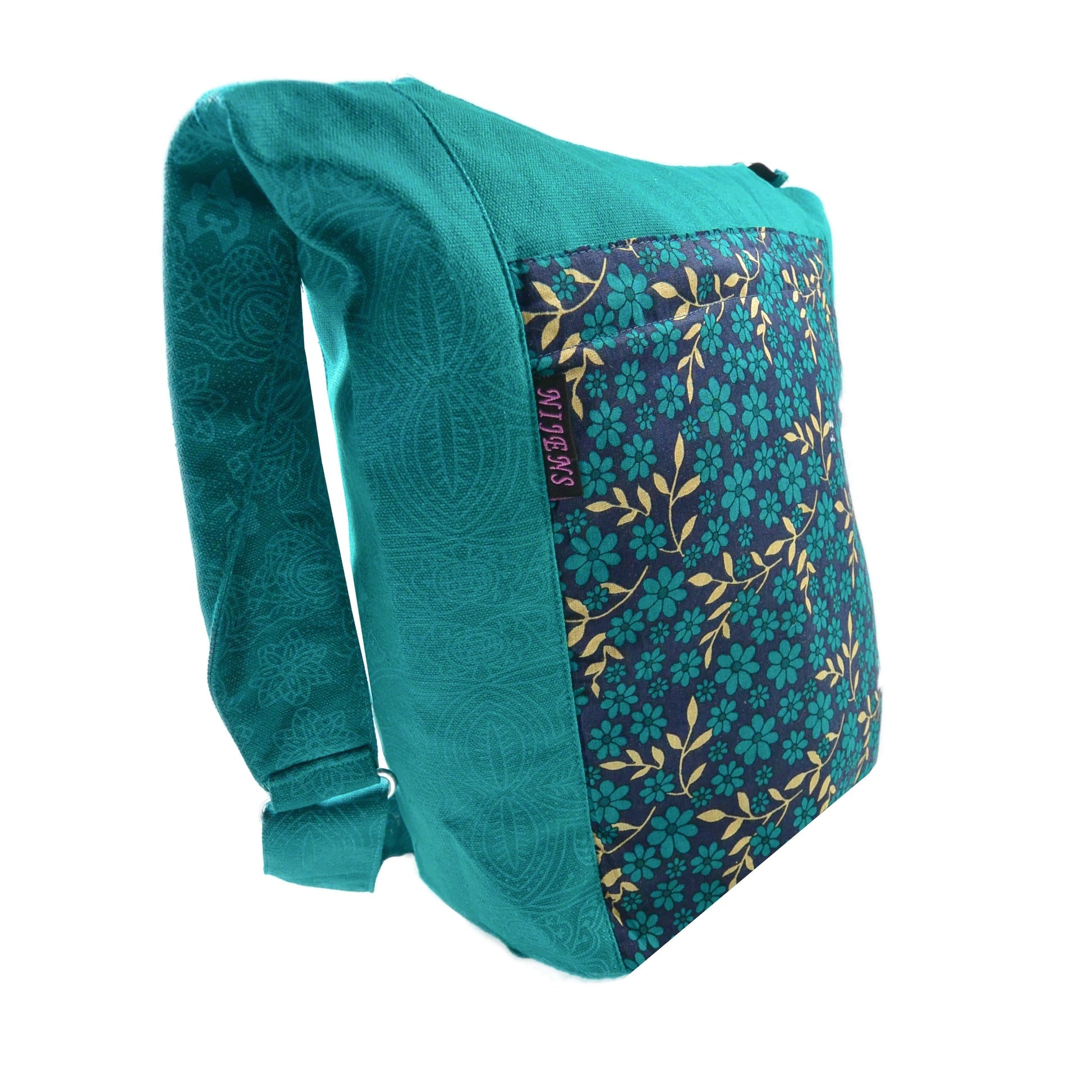 Schultertasche Tasche aus Canvas-Stoff Türkis mit Blumenmuster. Bild 5