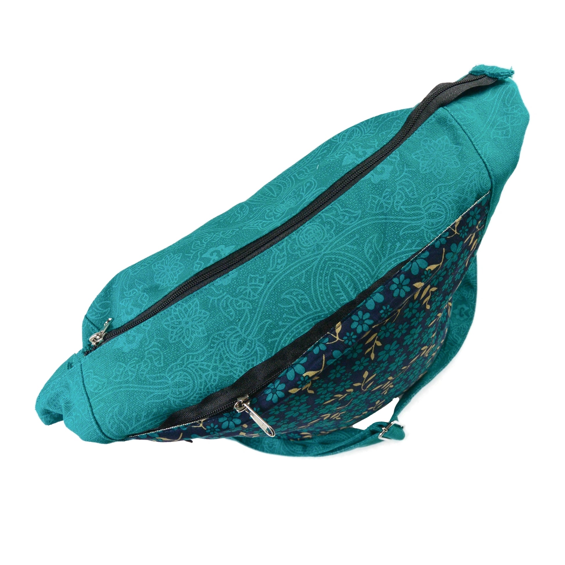 Schultertasche Tasche aus Canvas-Stoff Türkis mit Blumenmuster.