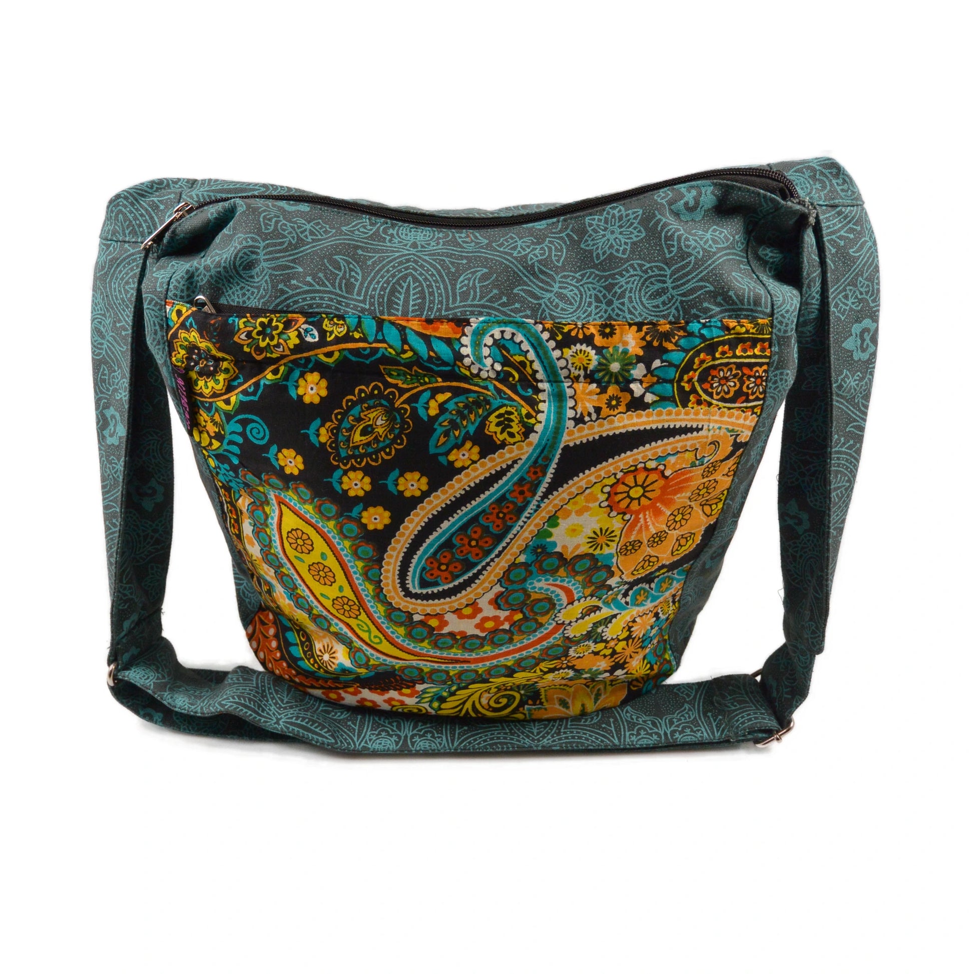 Stofftasche Nijens Umhängetasche Big Shopper Teal/Bunt mit floralen Ornamenten und Paisleymuster.