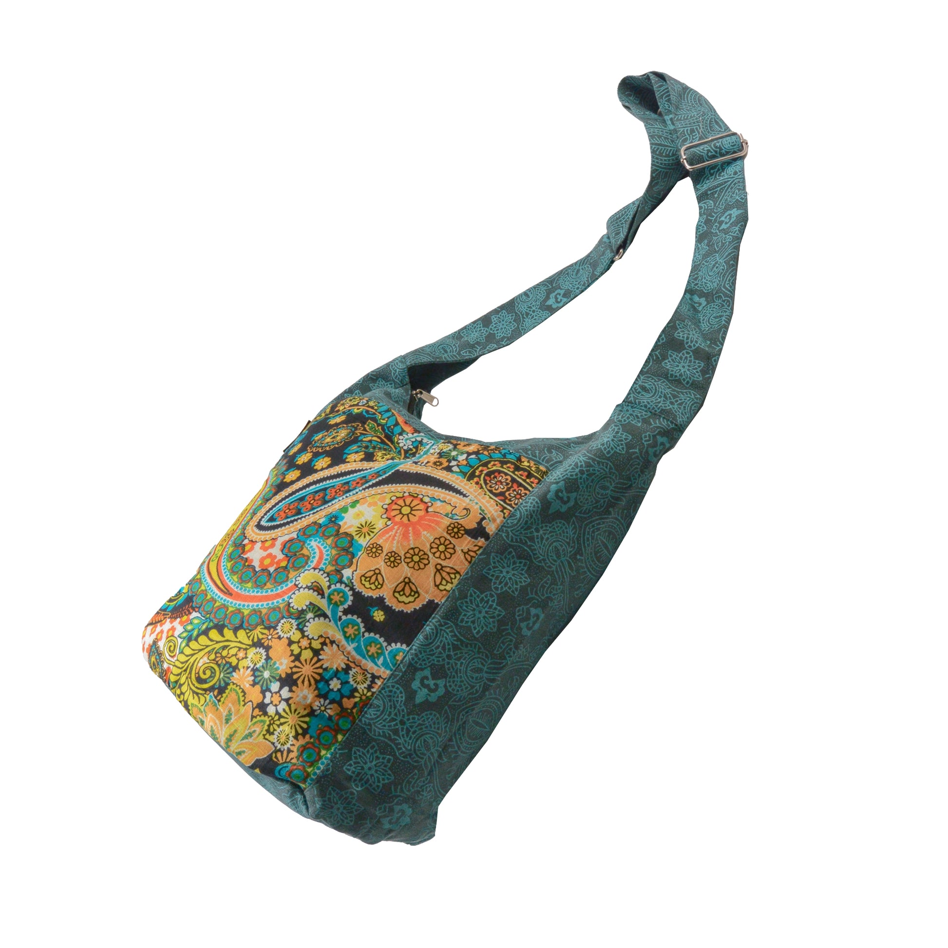 Seitenansicht: Stofftasche Nijens Umhängetasche Big Shopper Teal/Bunt mit floralen Ornamenten und Paisleymuster.