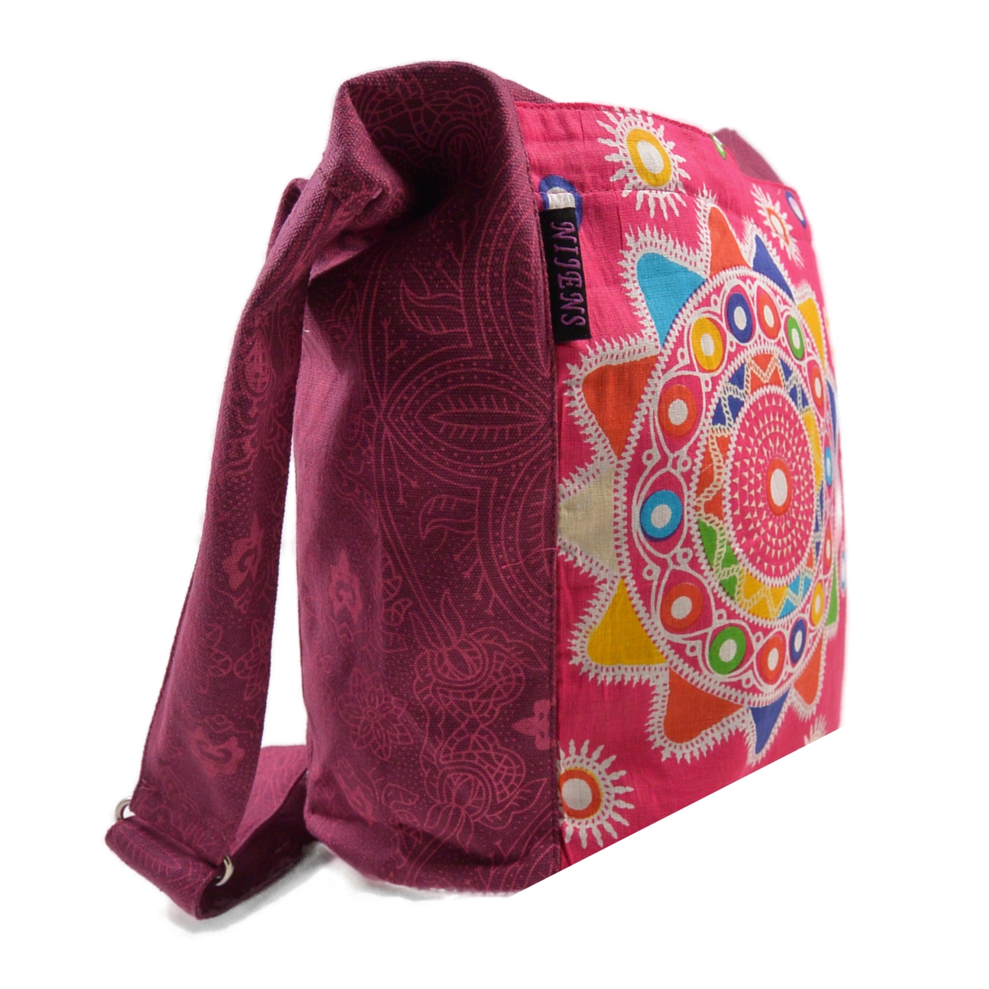 Schultertasche, Strandtasche, Stoff, Mandala in Magenta-Gelb.