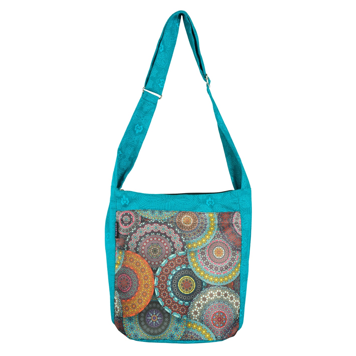 Türkisfarbener Nijens Big Shopper aus Canvas mit mehrfarbigem Mandala-Muster und verstellbarem Schultergurt, Vorderansicht.